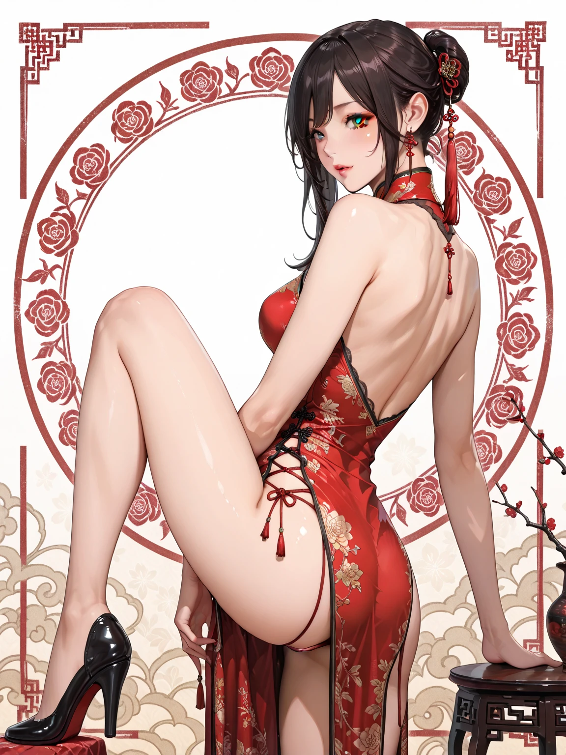 High resolution, adult women , good lighting, contemptible, , (No nudity), (((Chinese dress))), (()), ((())), (garter belt), Abdomen only, (), , cute face, I'I很尴尬,Blushed, humiliating, ((Turn around and look back)), ((perspective))()(T-back)(A lot on the body,)