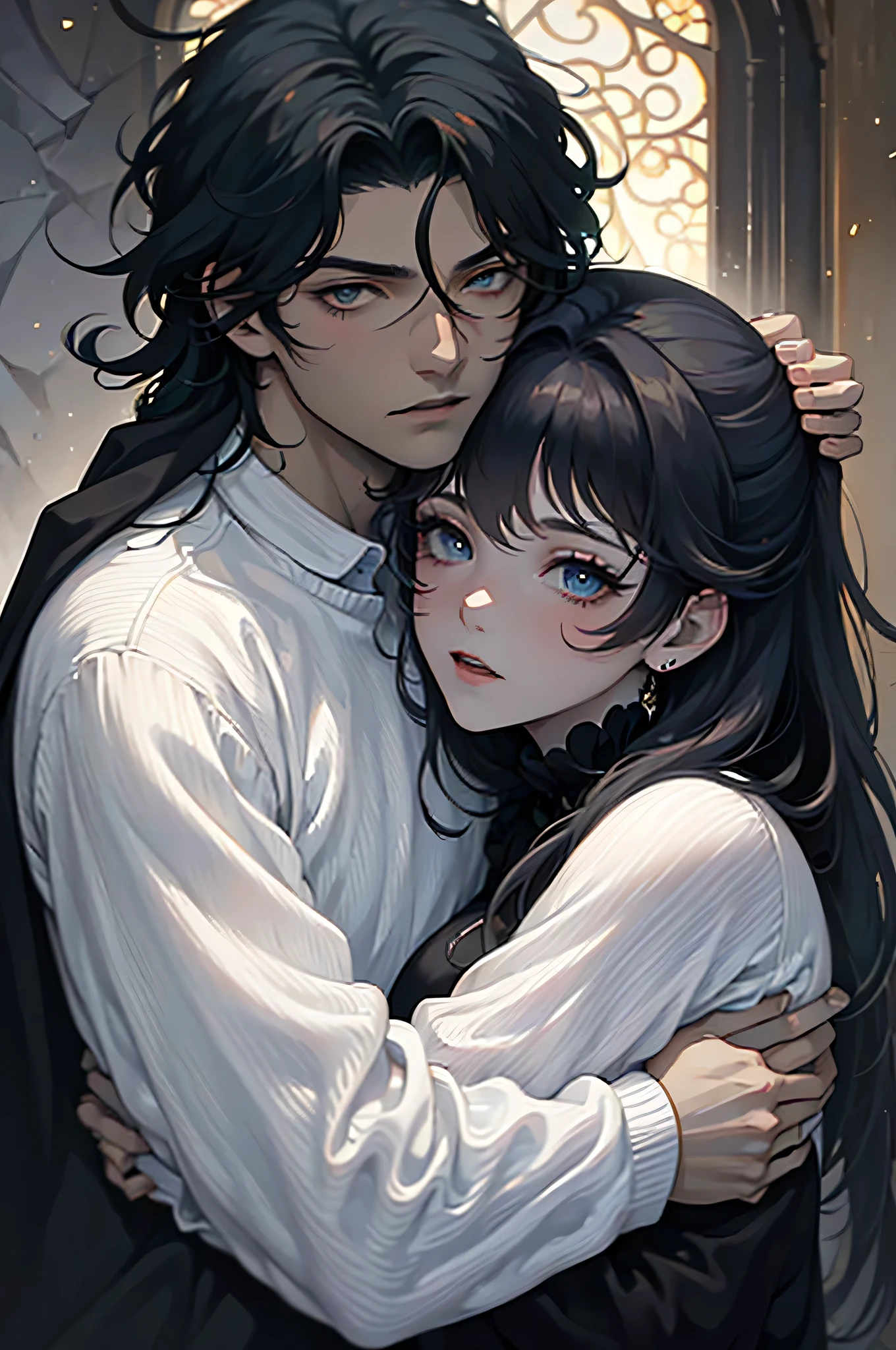 High quality masterpiece, super detailed, super emotion detailed, castle with grass, cold colours dramatic lighting, movie scene, anime style, perfect face, clean eyes, Middle Ages, clean emotions, full body! A cold mean man with black short curly hair, in expensive black Loose robe, with gray shining eyes, he is dark lord, he is cool. He is looking with warm smile to his adult daughter who also has black hair. super quality, 4K, clean eyes, super quality ever! detailed emotions! dark fantasy!, middle ages! They look happy, clear eyes, he is with his adult daughter!!!!!