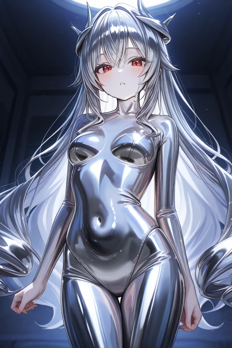 Cute s、white hair:1.5、Straight long hair、Perfect good looks、glowing geometric wall、Behind the girl is a white-purple glowing aura....、White Latex Leotard、Leotard with gorgeous chest and crotch area:1.5、space of silence、Anime style、top-quality、ultra-detailliert、masuter piece:1.3、8k、