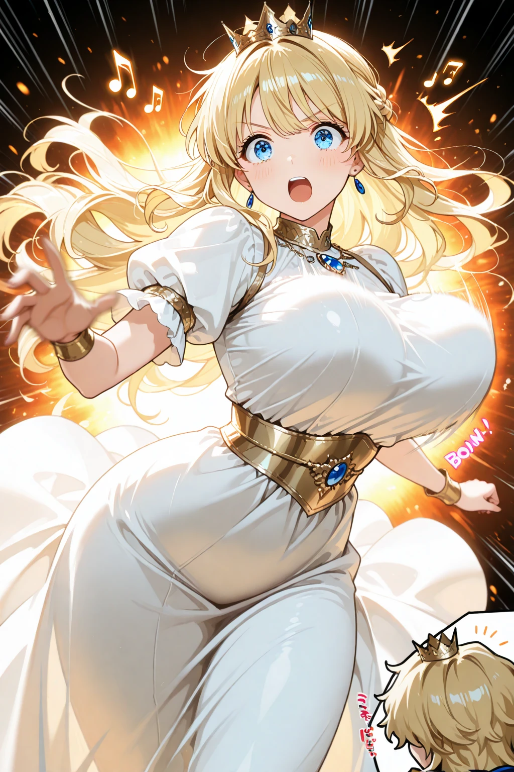 (huge gigantic breasts:1.5), Colossal,braid ponytail, Ahoge,Golden hair, CEO Adult Lady, Side, Nasty,Hold a giant glowing golden sphere above,{{{Best Quality}}}, {{Ultra-detailed}}, {Illustration},{{{masutepiece}}},shine smile,Night view of the city,