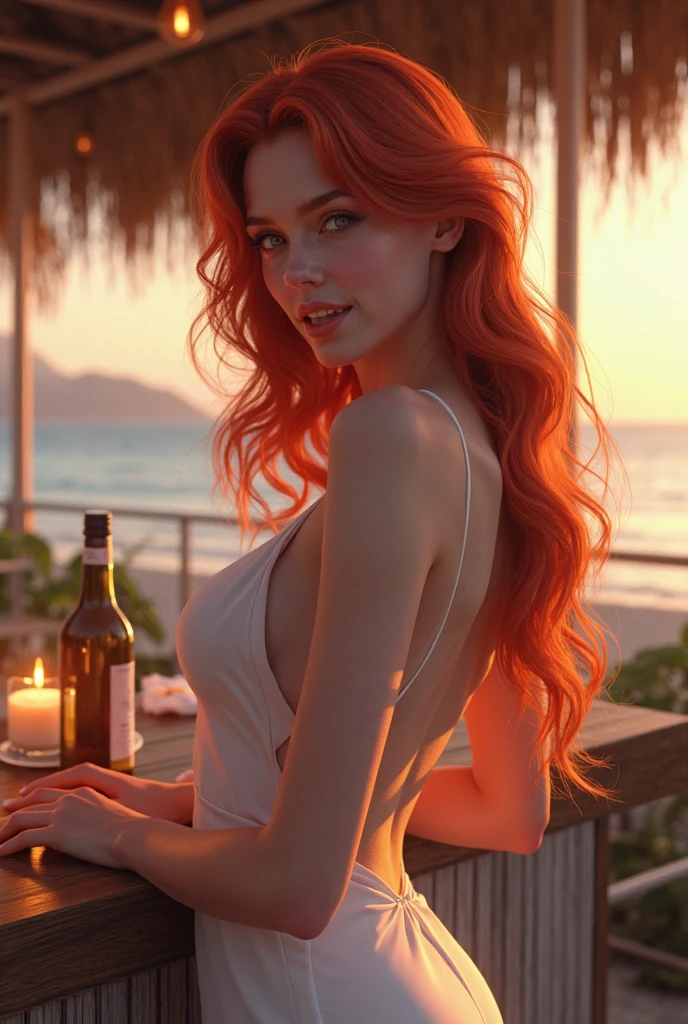 A young woman of Russian origin, with bright red hair and intense blue eyes, that capture the light from the environment. His body is robust and muscular., with well-defined muscles and a silhouette that exudes confidence and strength. She wears an elegant summer dress that highlights her curves and muscles in a sophisticated way., in a soft tone that complements your fair skin.
She is sitting in a fancy beachfront restaurant, with a stunning panoramic view of the ocean. The table next to you is decorated with a refreshing drink, a vibrant cocktail that she holds in one hand while resting her arm on the table.
The atmosphere is chic and welcoming, with light wood tables and comfortable chairs. The sunset illuminates the scene with a soft golden light, creating a magical and relaxing environment.
The influencer is completely focused on the landscape, with his gaze lost in the immensity of the sea and the setting sun, without making eye contact with the camera. His serene smile and relaxed posture convey a sense of peace and satisfaction..
The light breeze seems to play with her red hair, and the scene in the background, with the calm sea and the warm colors of the sunset, accentuates the atmosphere of tranquility and sophistication. The restaurant's decor, with elegant details that may recall subtle Russian influences, completes the exquisite scene.
