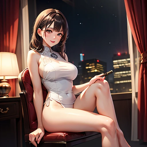 1 girl, Chiori \(genshin impact\), Alone, sitting on the floor with legs crossed, completely naked, detailed naked body, glasses, choker:1.6, looking at the viewer,, inside, depth of field, at night