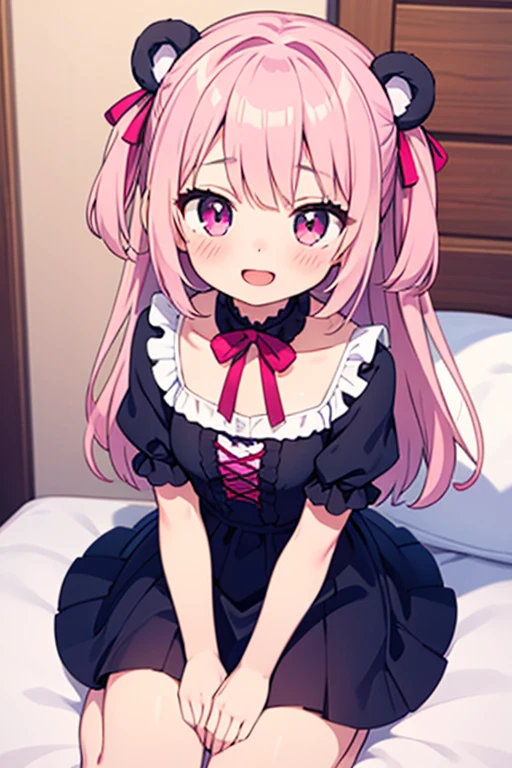 Saika have 14 years old, she is a girl, she has short striking pink hair that falls in soft waves around his face, complementing her vibrant purple eyes. Her features are sharp and defined, with a youthful charm that is accentuated by her slender build. She often wears a oversized sweat with cute skirt and cute Stocking with ribbon at the end, completing her edgy and modern look, she is in her bedroom adn she wear a diaper.