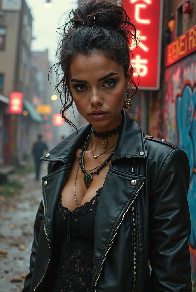 A late 30s woman, full length portrait, various modeling poses, catwalk strut, crowded city street, wide shot, UHD, 8k, strong details, BREAK: lopsided smirk, sapphire blue eyes, has palest alabaster white skin, (slim and soft physique), full color body tattoos, heavily tattooed, skull tattoo above breasts, dark blonde hair in a messy bun, red bodycon dress, medium bust, (breast ptosis) , pierced nipples under dress, pokie nipples, long legs, (strong glutes), short torso