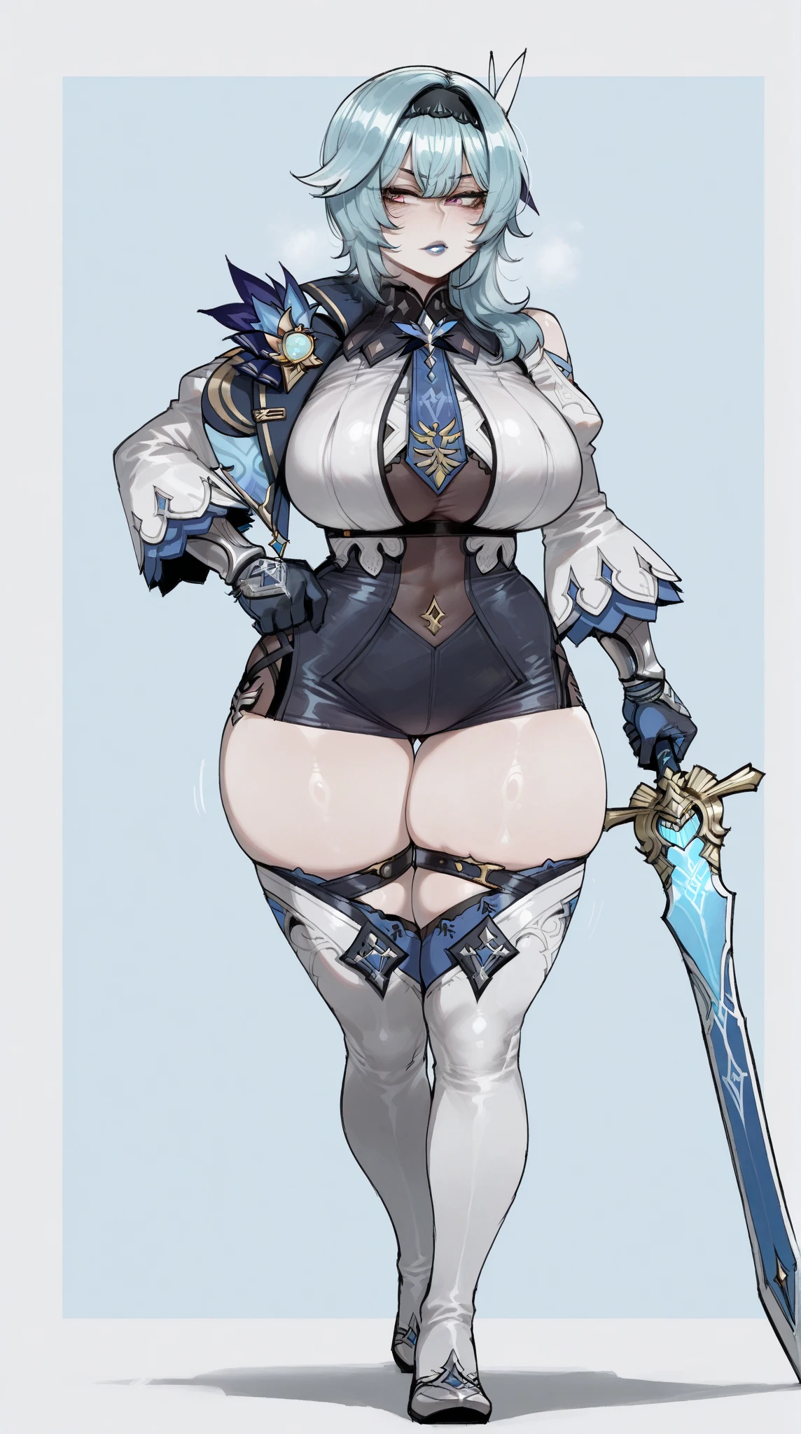 1girl, solo, breasts, looking at viewer, short hair, bangs, blue eyes, large breasts, simple background, thighhighs, gloves, white background, holding, standing, full body, weapon, white hair, boots, parted lips, elbow gloves, shiny, sword, holding weapon, armor, high heels, white thighhighs, leotard, lips, makeup, thigh strap, turtleneck, thigh boots, white footwear, lipstick, shoulder armor, gauntlets, legs apart, contrapposto, pauldrons, breastplate, whip, holding whip