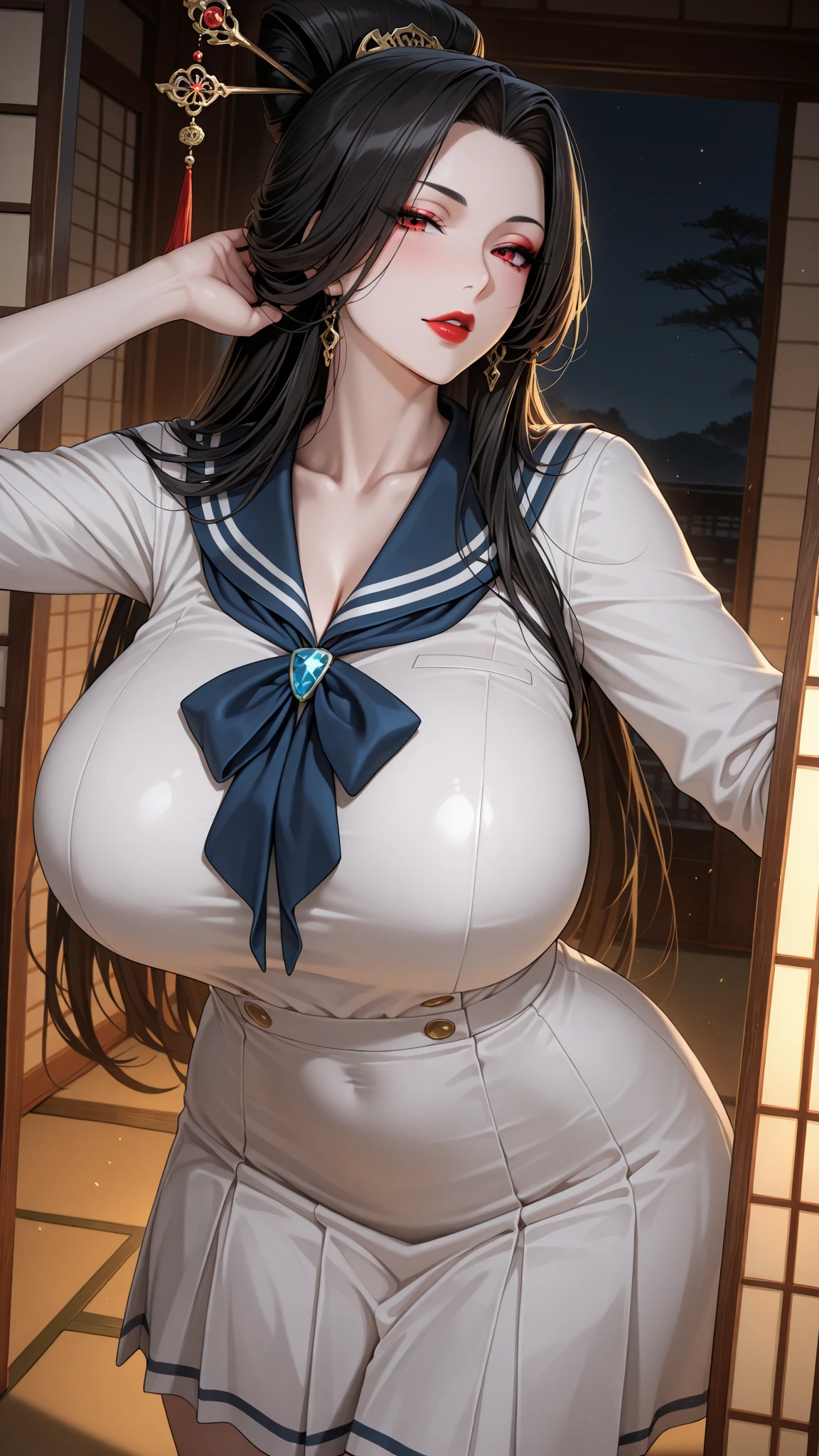 masterpiece, best quality, finely detailed, 1girl, pink_rose hair, pleated skirt, (sailor senshi uniform), huge breasts, cleavage, (Country house,Lover's House,door:1.2),moonlight night,Five Fingers,Shiny skin,She want to have sex,she is inviting me,bad eyes,(skinny body type),