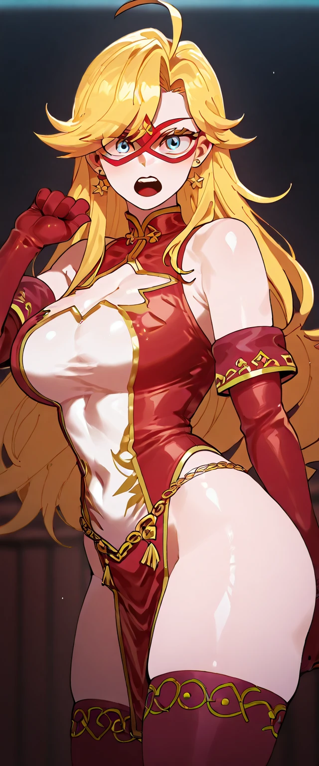 Lian, long blonde hair, long elf ears, hair stick, bangs, blue eyes, solo, smiling, standing, upper body, hips, bare shoulders,purple thighhighs,red dress, gold jewelry,armor,gloves,circlet, cleavage, red and gold royal castle, gigantic breasts, (best quality, masterpiece, beautiful and aesthetic:1.2, highest detailed face, perfect face,)  eyes, perfect face,expressive eyes,
looking at viewer, in the center of the image,(Upper_body),(Focus on her face),
official art,extremely detailed CG unity 8k wallpaper, perfect lighting,Colorful, Bright_Front_face_Lighting,shiny skin, 
(masterpiece:1.0),(best_quality:1.0), ultra high res,4K,ultra-detailed
