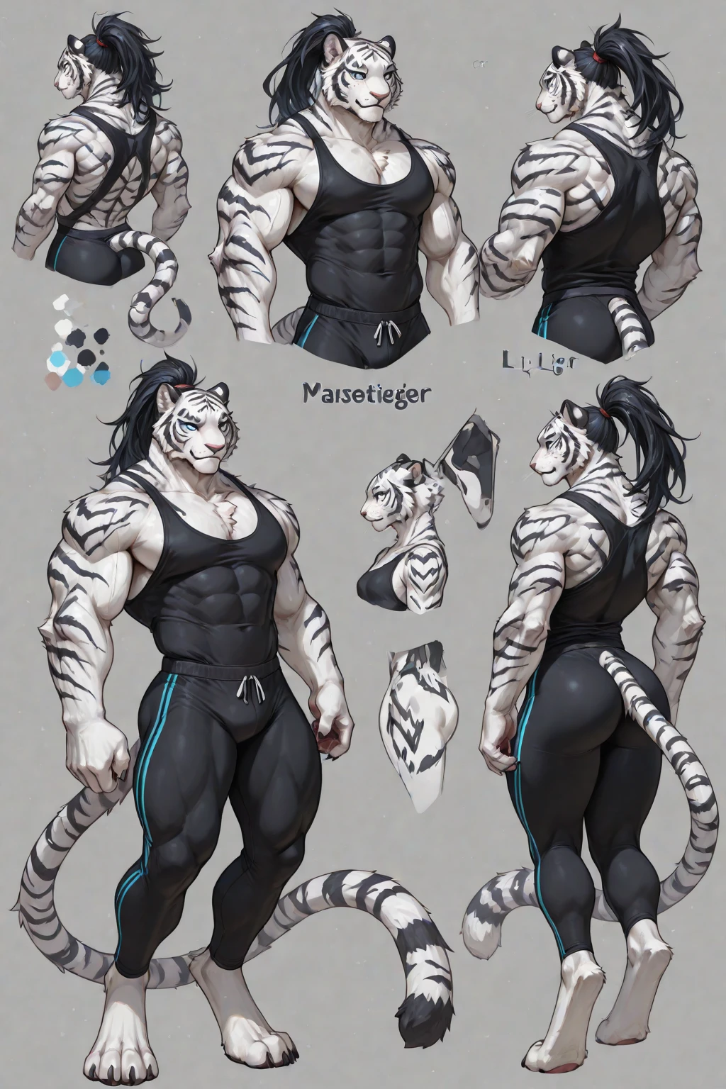 Close-up of a character, ((Character concept art)), ((Character Design Sheet, Same character, front, from the side, back)) Image of the character, video game character design, video game character design, ((Masterpiece)), (((Best quality))), illustration, environment Scene change, pose too, (Simple background, white background: 1.3) lap, multiple_Views, Concept art, Reference sheet, multiple views, (Multiple views of the same character in the same outfit: 1.3.) Leomon, Gigachad, (very detailed eyes:1) (very detailed face:1) (very detailed iris and pupils :1.2) latex black bodysuit, massive muscles, huge pecs, ((massive pectorals)) ((huge pectorals)) chiseled abs, huge pectorals, exaggeratedly huge muscles. A furry hero whose presence inspires trust and respect. (((His black bodysuit covers from neck to ankles, boots, gloves,ñ.))) ((black latex bodysuit) huge muscular thighs firm, round buttocks and round butt in with his back, lion tail, long tail, huge ass ((huge buttocks))