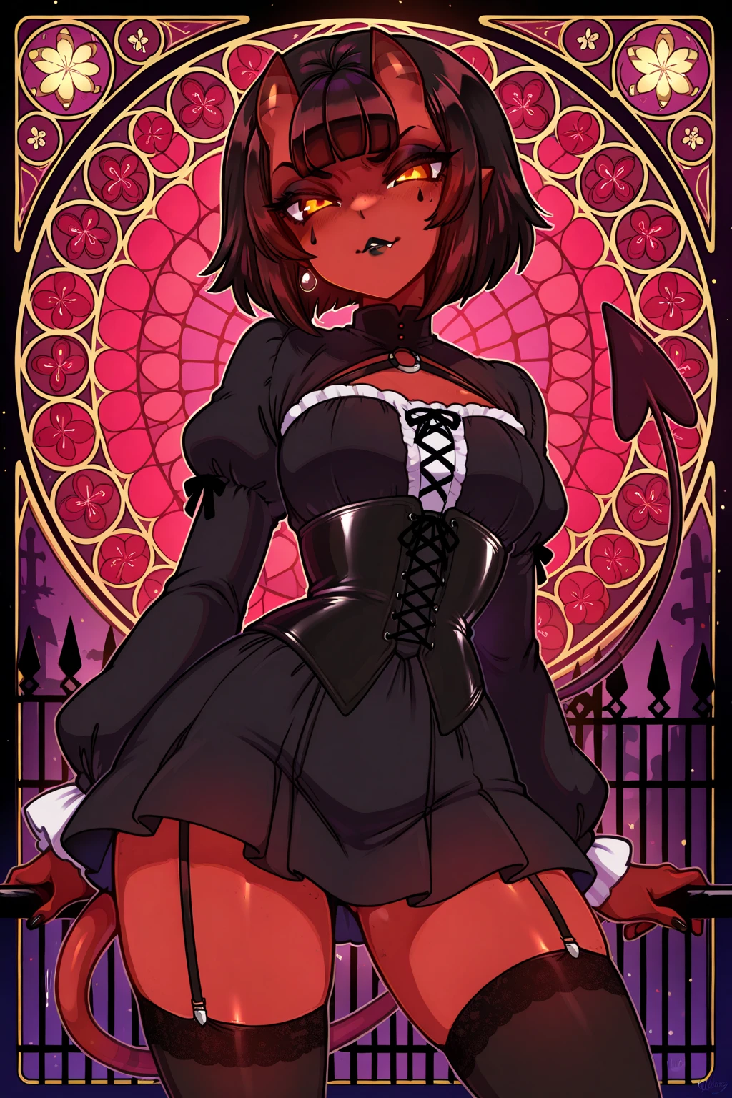 a beautiful red-horned demoness with short black hair, scarlet eyes, and a sexy demon tail, wearing a very short red skirt, tight black stockings, and a harness collar, Very sexy, pervert smile