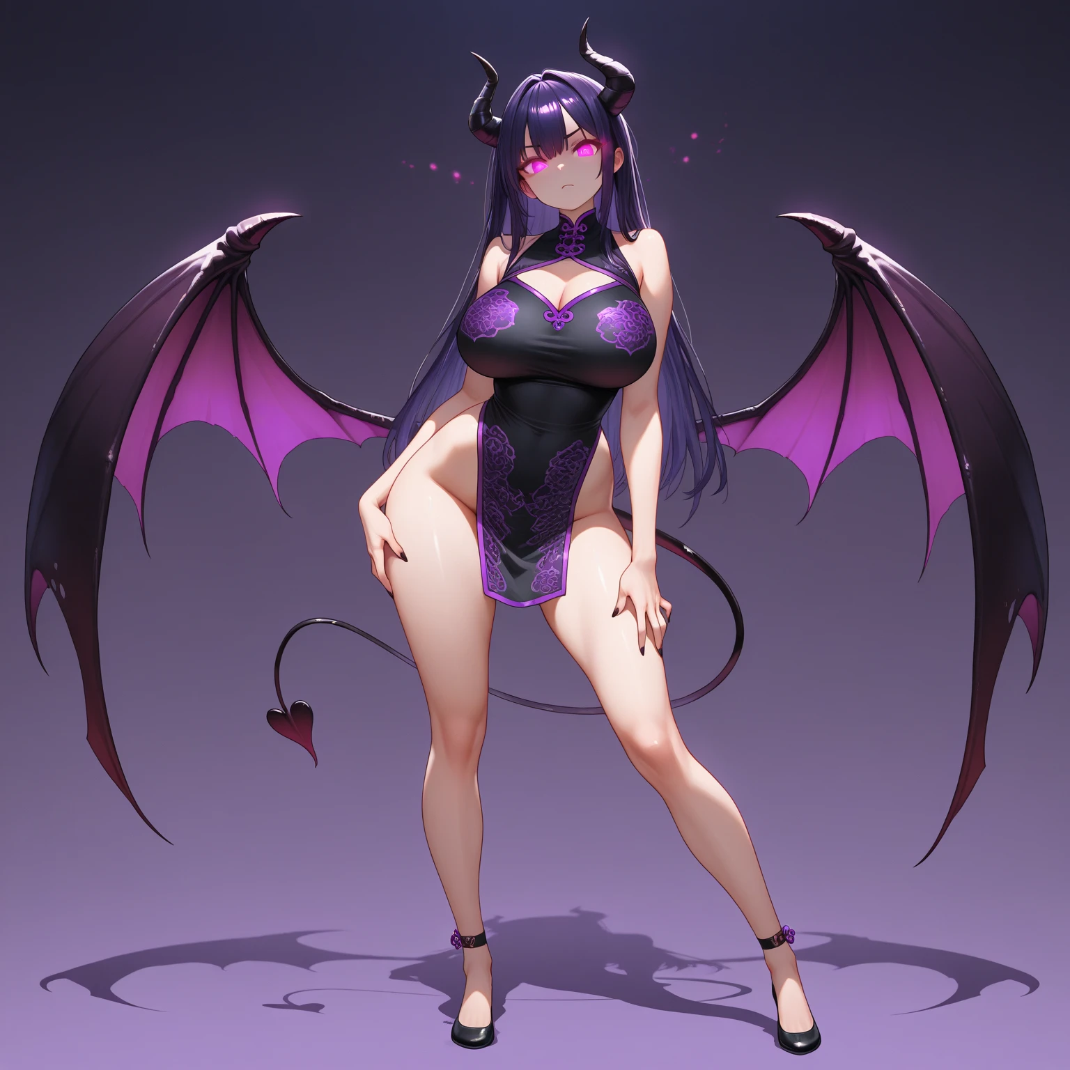 Dragon girl, black and white, black and purple hair, purple eyes, dual set of horns, busty, dragon wings, dragon tail, body suit, stockings, sharp nails, sharp teeth, standing, full body shot