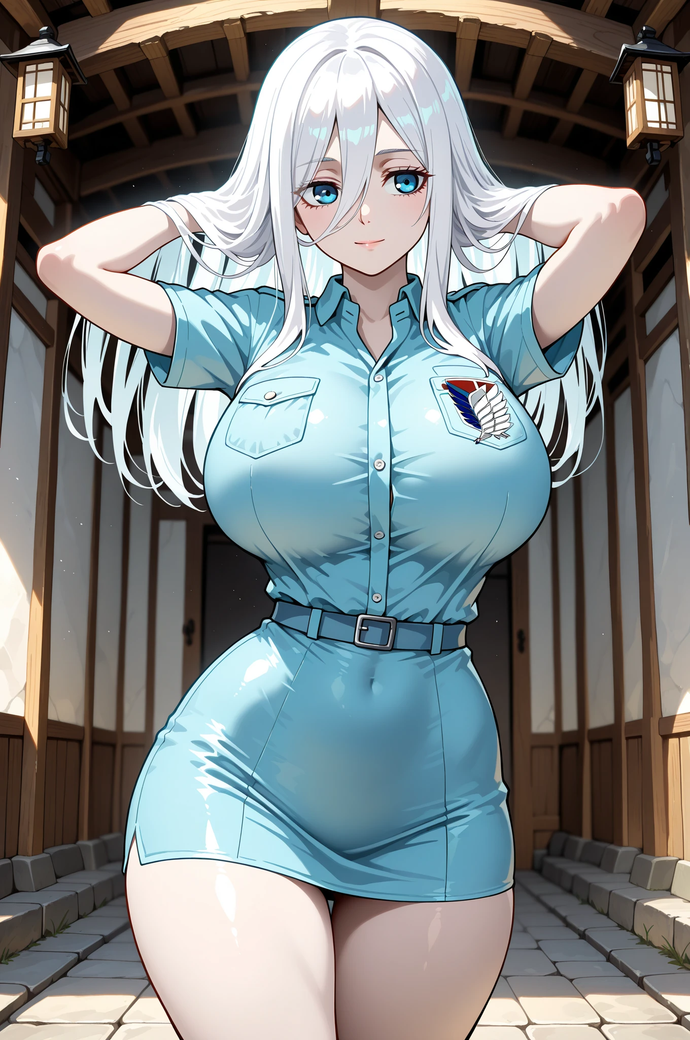 masterpiece, best quality, absurdres, illustration, 8k, perfect shadows,perfect lighting,hdr, ambient lighting,realistic, ultra-realistic, cowboy shot, Photo realistic,(hyperrealistic:1)textured skin,shiny skin,skindentation, beautiful body, (blush:1.2) noa(blue archive), mature female,milf,sexy woman,white hair, headgear,halo,mechanical halo,purple eyes, (wearing white suit,long sleeves,jacket,skirt,collared shirt, necktie, pleated skirt, off shoulder,white shirt, open jacket, white jacket, blue necktie,shirt,white skirt) (large breasts,hourglass body, thin waist,very slim waist)extremely detailed face,detailed eye makeup, detail face, nice detailed eyes,nice hands, perfect hands<lora:noa:.70>lora:beautifulDetailedEyes_v10:0.50> (realistic pupils,realistic iris:1) heavy eye makeup <lora:add_detail:.90> <lyco:GoodHands-beta2:.90><lora:Aesthetic-Portrait-V2:.50> standing at attention, looking at viewer