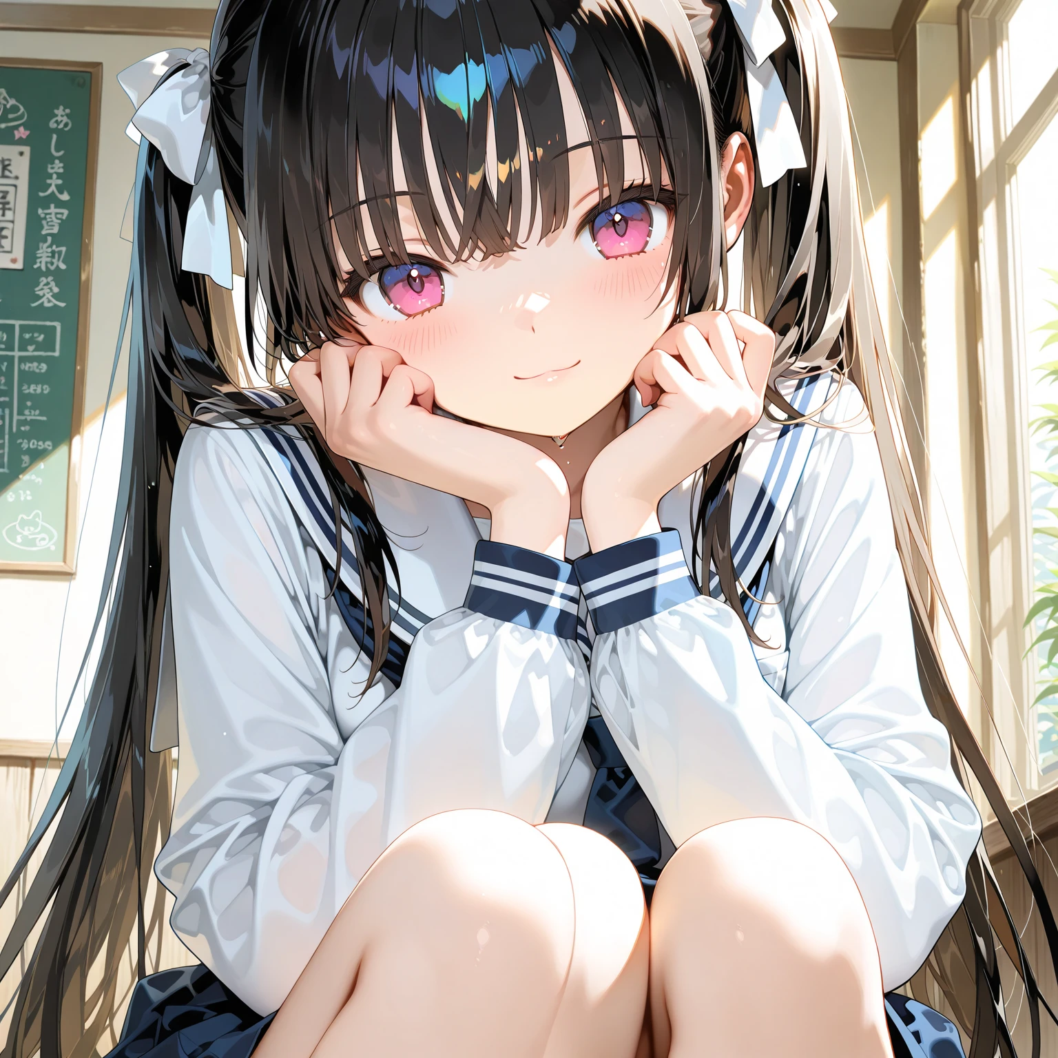 loli, solo, looking at the audience, :d, full body, dark eyes, long hair, violet hair, (twintails:1.2), (curvy), skinny, , , (hug legs), (sailor shirt, miniskirt, thighband pantyhose:1.3), dynamic angle, floating, decoration, painting, depth of field, depth of field, depth of field, depth, nature, beautiful detailed girl, extremely detailed eyes and face, beautiful detail eyes, detail light, movie lighting, , light leak, sunlight, shine, beautiful details glow, ridiculous, incredibly ridiculous, huge file size, super detailed, high resolution, very detailed, best quality, masterpiece, illustration, very delicate and beautiful, very detailed, CG, solidarity, 8k wallpaper, amazing, fine detail, masterpiece, best quality, official art, extremely detailed CG Unity 8k wallpaper, lens flare, defined "real" light source, golden hour, (14 years: 1.3), (feet focus: 1.5), short sleeves, (cute face: 1.4), (see through: 1.2), leather shoes