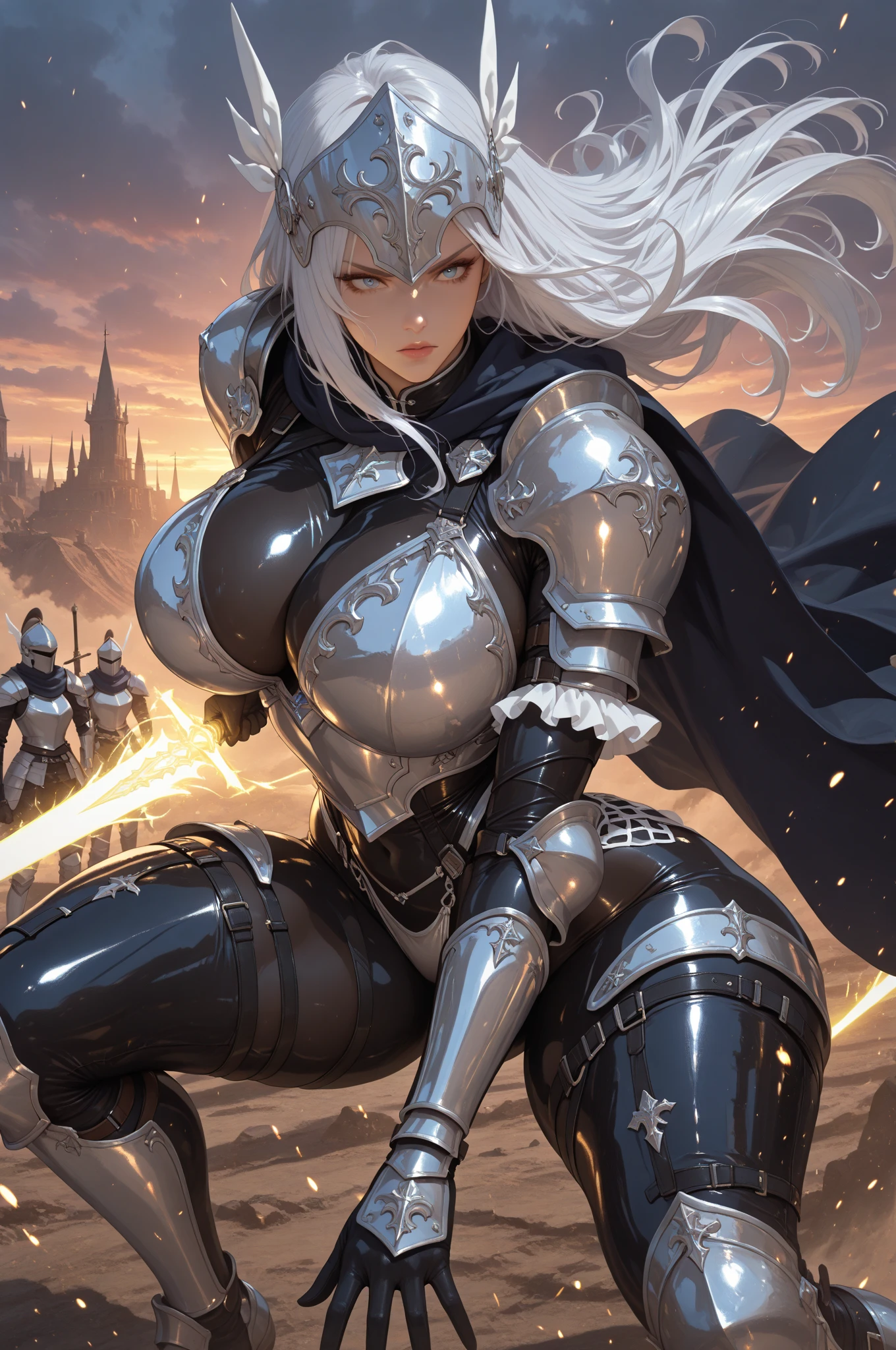 Insane, large breasts, armored female paladin, smiting enemy zombie, beautiful shadow and lightning effect