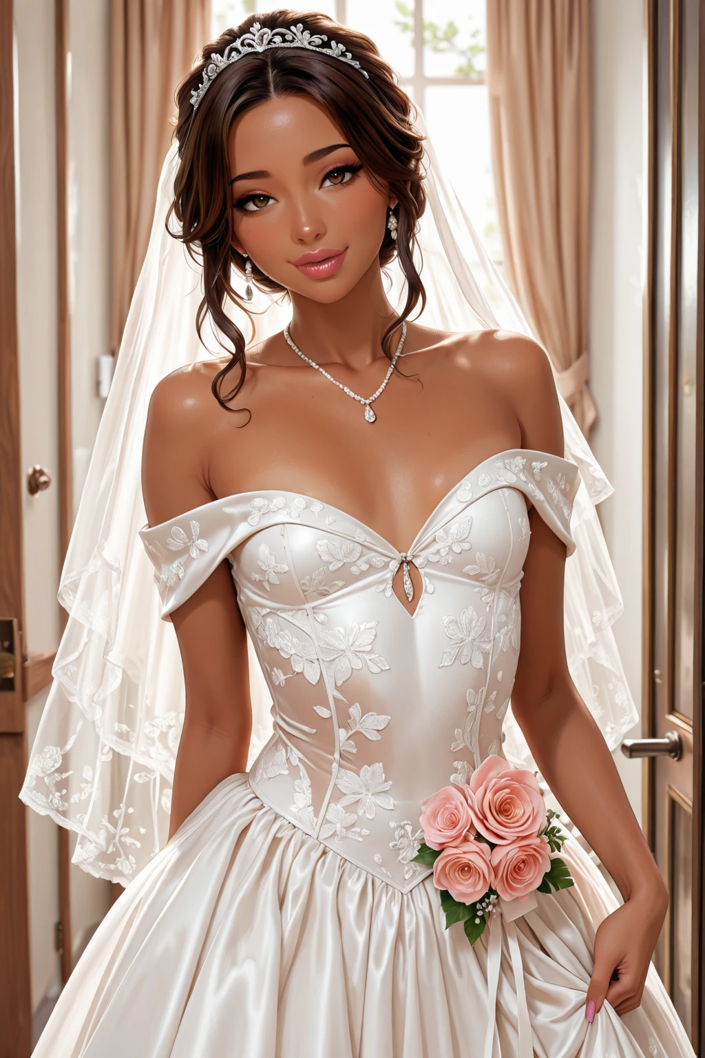(hyperdetailed) [an African woman] as [bride], sexy, viewer poses, cinematic shot, full body, centered, 100mm lens, perfect angle, award-winning, dynamic, intricate pose, hot girl, [wavy blonde] hair , sultry [bride] hyperdetailed ] dress, seductive, hyperdetailed face, beautiful detailed eyes, [detailed and accurate body proportions], detailed face, expressive, cinematic lighting, volumetric lighting, studio lighting, global illumination, depth of field, blur, light reflection, shadow, contrast, (ultra detailed, finest detail, intricate), ((Masterpiece)), perfect ((face bent over viewer)), (blend fantastic color palette, [storytelling] atmosphere, [dormitory] bouquet of red roses, play of light and shadow.