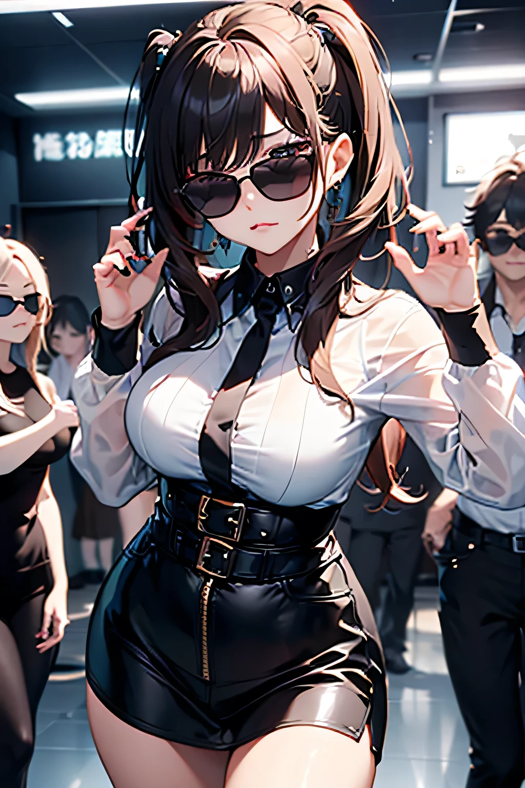 Obra maestra, mejor calidad, high resolution, extremadamente detallado, antecedentes detallados, cinematic lighting, 1 chica, caminando , gimnasia, shorts fitness negro y overside negra, Hearing aids , sonrisa, mochila, de pie, long dark brown straight hair, con fleco, medio morena con lentes negros ojos cafes oscuro