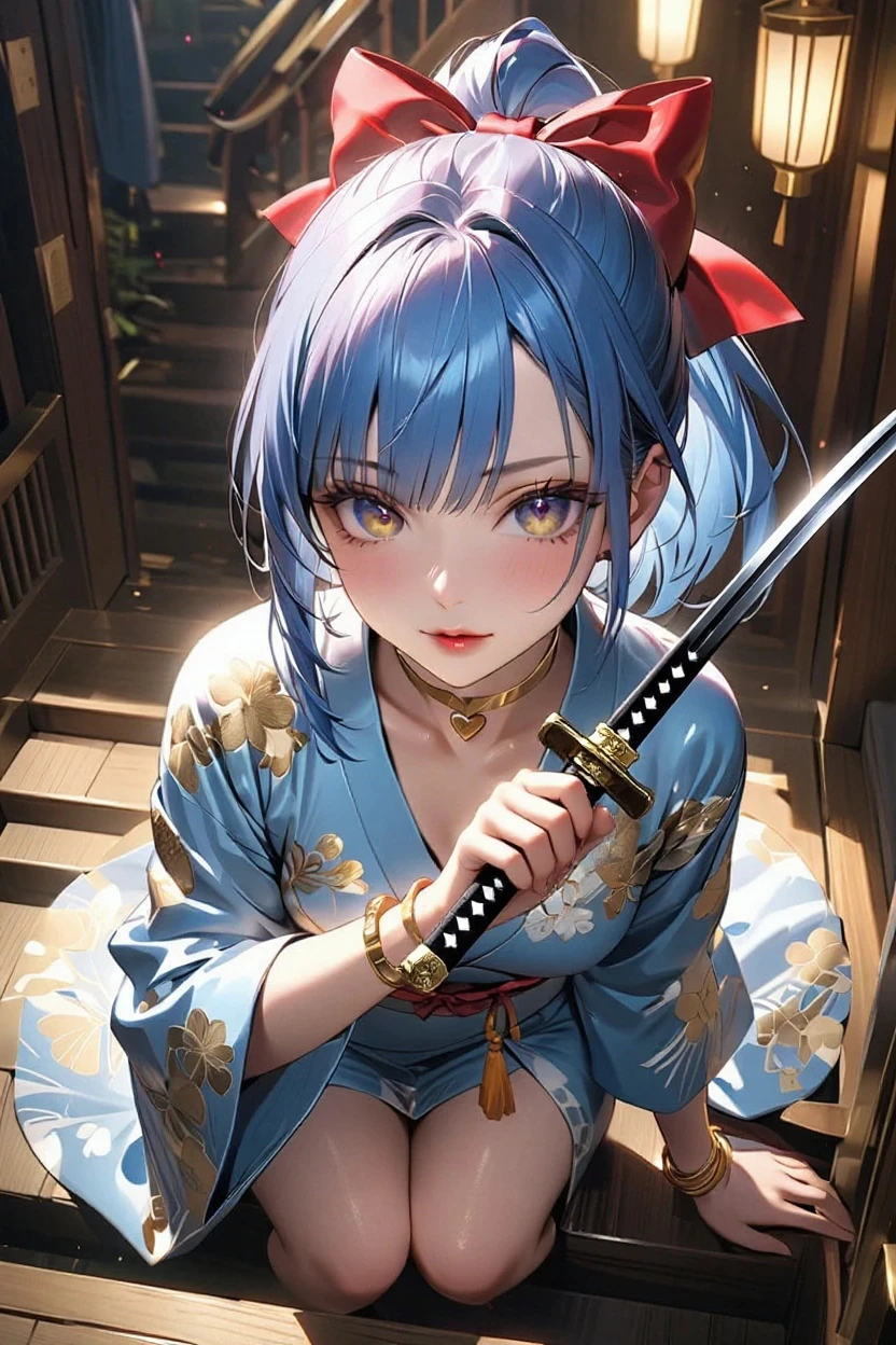 A lapis lazuli-haired elf in a kimono holding a Japanese sword Japan sword 1.5