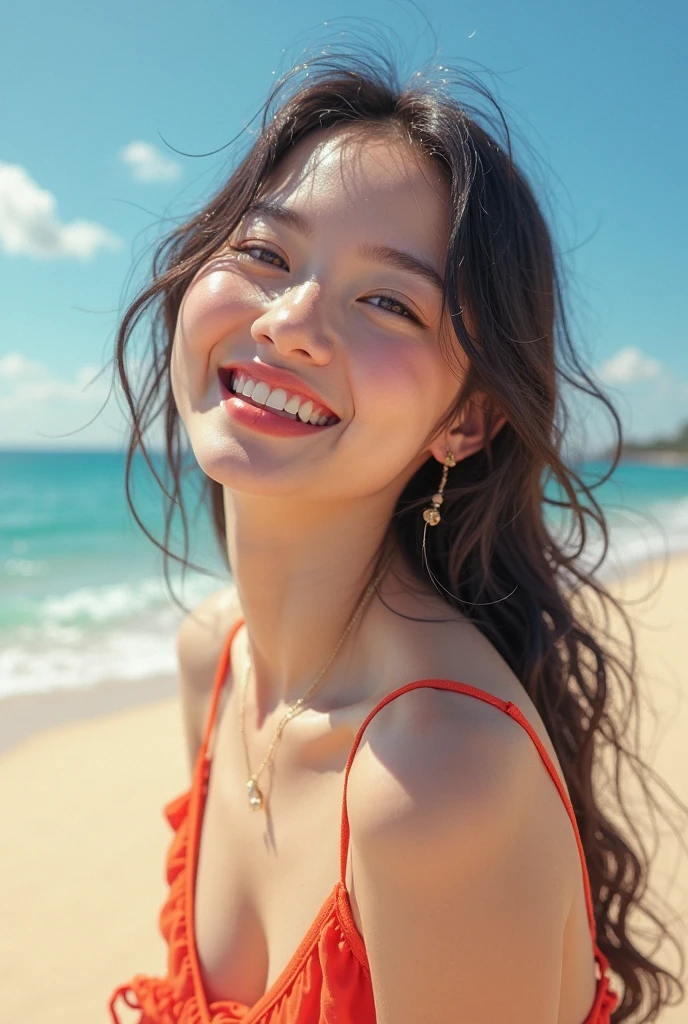 Top quality, one beautiful woman, Full body, 35mm lens, f/1, summer fashion, smile