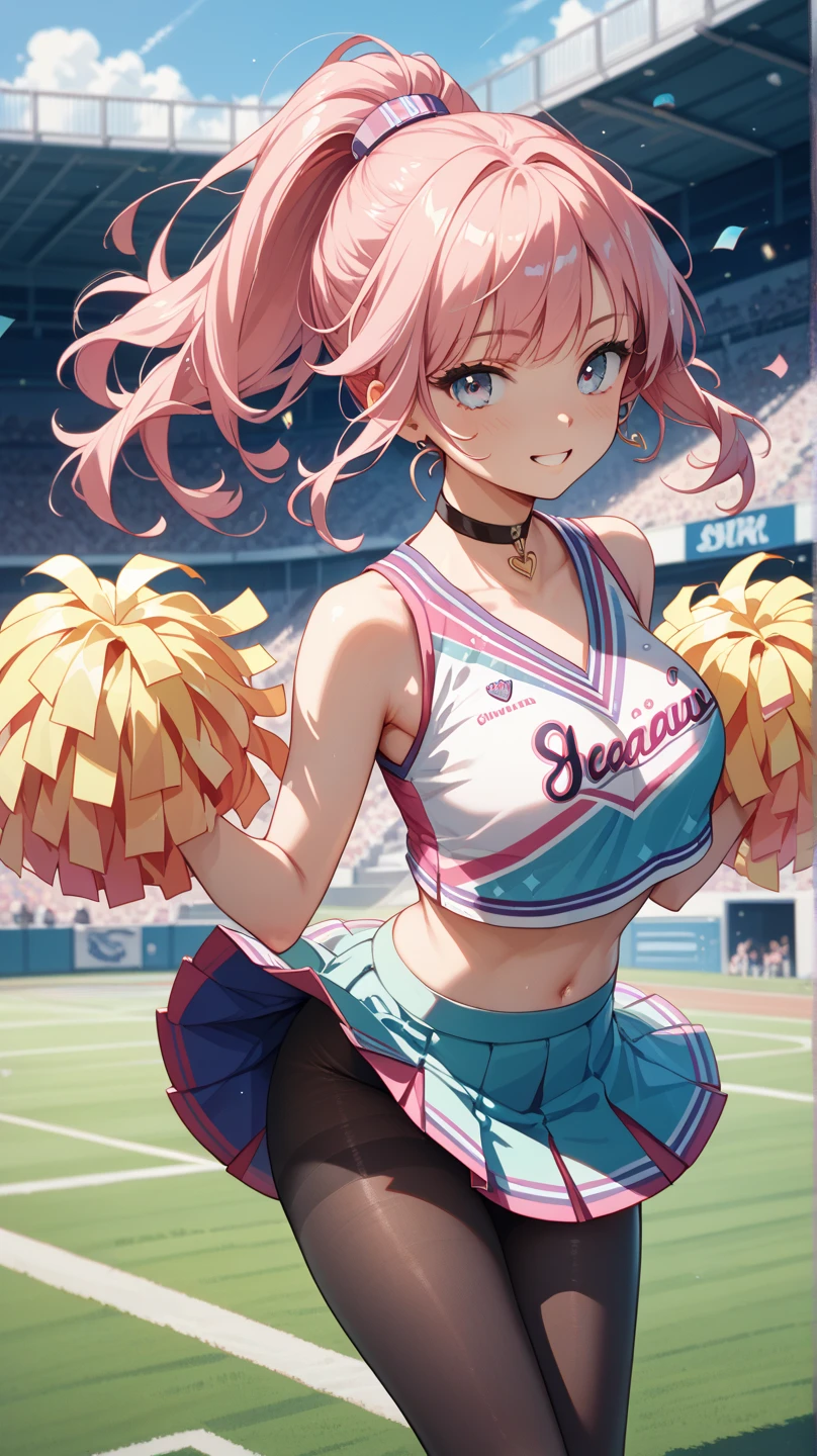 (細かく描かれたbeautiful目: 1.2), (small eyes and small face:1.3), (beautiful and clear background:1.2), (とてもbeautiful: 1.1), very detailed, sharp focus, intricate details, Glossy skin、dense hair description, Detailed description of the eyes, high quality, best image quality, masterpiece, 最high quality, High resolution, Super detailed, one woman, ((Pink hair and pink eyes)), (Cheerleader:1.5), ((Yellow pompons:1.0)), I'm rooting for you, (best smile), Angle of looking up、big breasts、perfect style、世界一beautiful、an illustration of a girl dressed in a cheer leading outfit poses for the camera in a yard, 1 girl, alone, Yellow pompons (cheer leading), Cheerleader, pink shoes, yellow skirt, raise your arms, absurd, 8K, High resolution, Super detailed, beautiful, table top, 最high quality, she's a very cute woman, young, sexy, (very big breasts:1.5), knowledgeable woman'face, very attractive