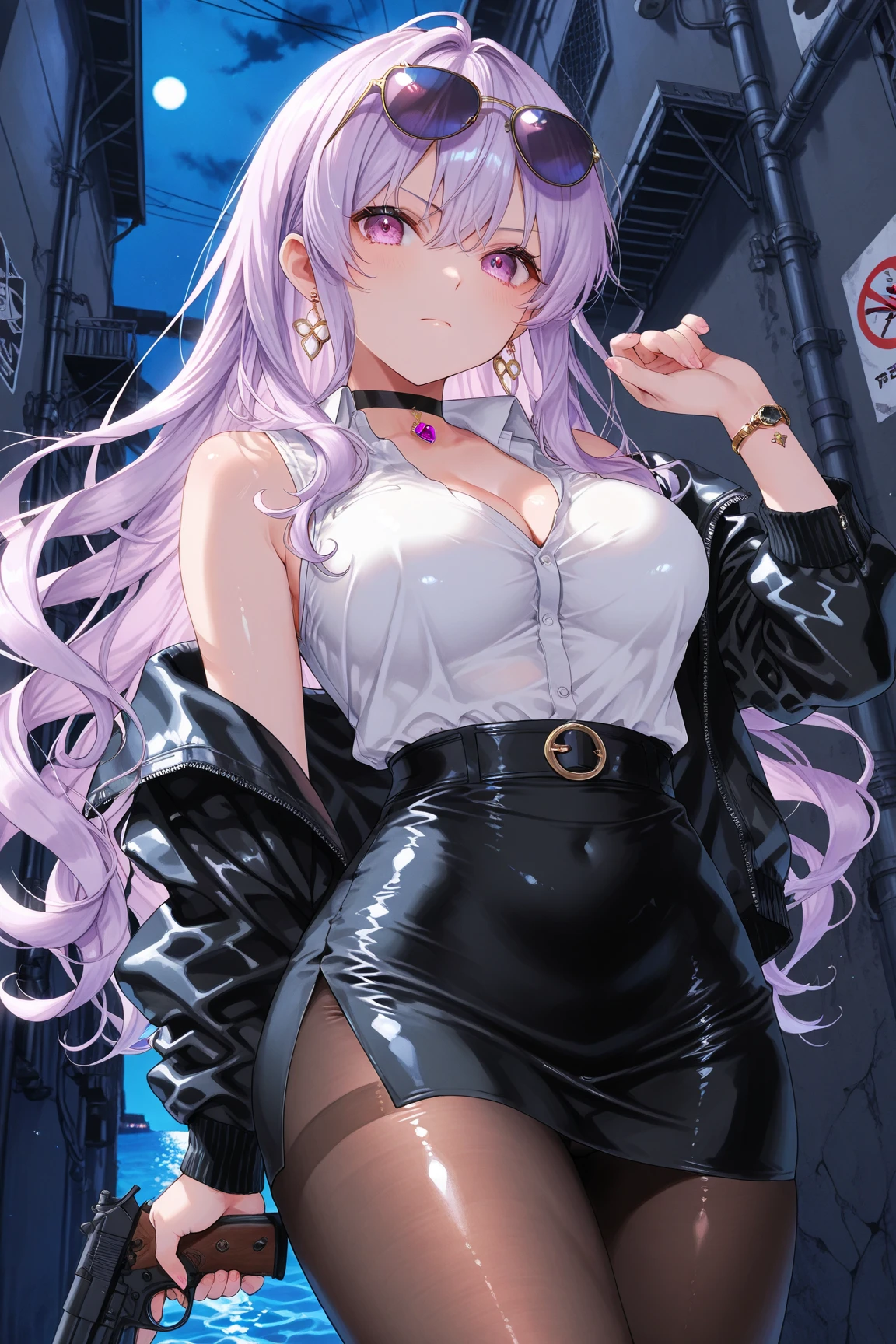 Center of chest,pretty girl,Cat ear,Beautiful silver hair,Pink inside,Beautiful pink eyes,black shirt,black skirt,dark
