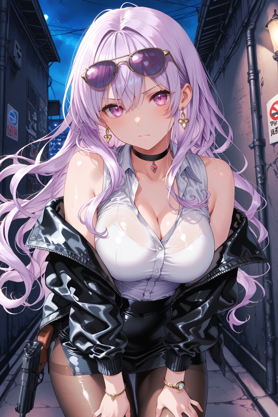 1woman, white hair with purple tips, purple eyes, wearing a casual black jacket, purple cage bra, blue jeans, rest head with hand, tattoos on arms, colorful tattoos
