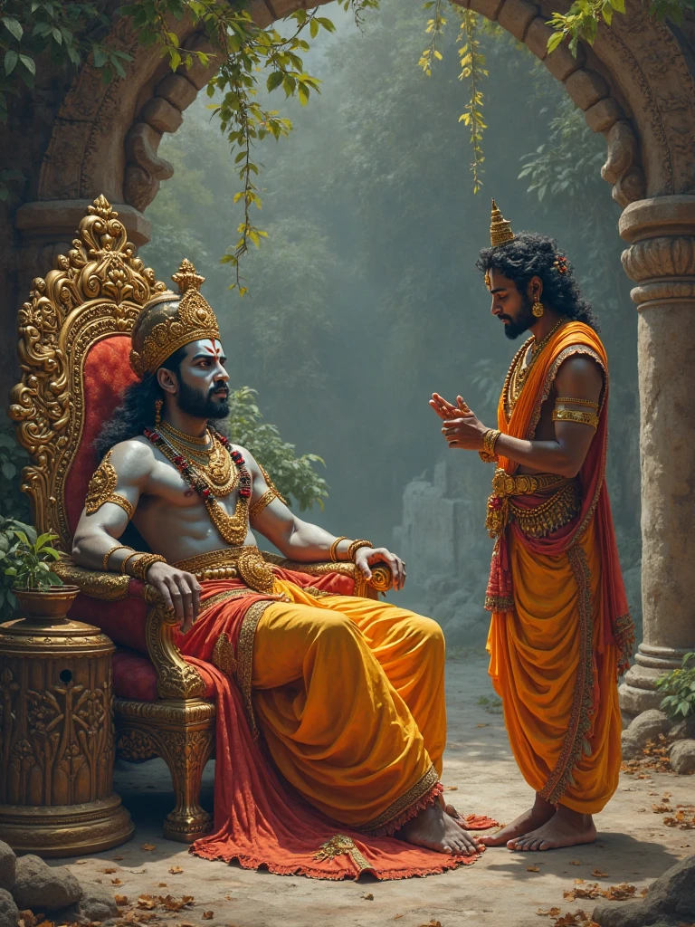 Lord Krishna seated calmly on the chariot, next to Arjuna, with a peaceful and compassionate expression. Arjuna’s distressed figure is visible, emphasizing the contrast between Krishna’s calm and Arjuna’s turmoil