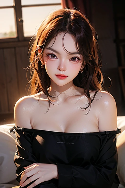 highest quality, Fine details, wallpaper, Realistic details,  Skin Details, Fine grain, The body is slim, Age 25, Beautiful Eyes, Bare Skin, Well-formed face, bangs, Long Hair, Black Hair,  Big smile, (Chinese style), Big Breasts, Super sexy look, Open chest, Red Leather Suit, bright red wet lips, ((Open your mouth wide, Sticking out tongue)),