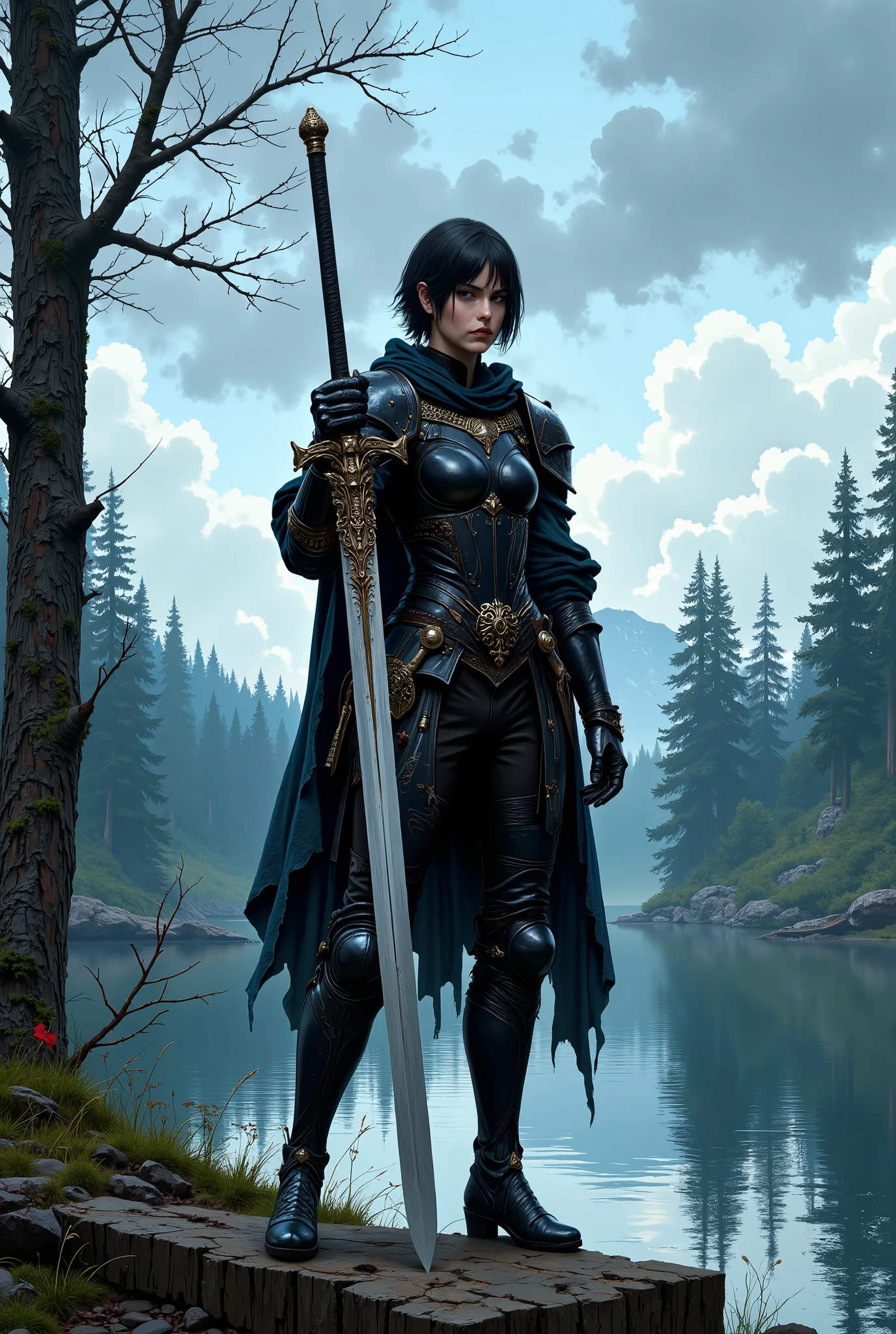 In RPG style, in style of Dungeons & Dragons, in style of fantasy painting. Full body view, looking at the viewer. Image of a female warrior, holding a sword with dark narrow blade. Dark Armor. Short cloak. Dark pants. High leather boots with small heels. Short hair. Standing with both feet on the Forest lake shore, Forest in the background. Clear blue sky with white clouds.