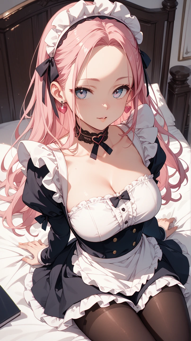 (Highest quality), (masterpiece), 1080P, High resolution, 4K, 8K, ((Maid clothes)), ((Bunny ears)), Black ruffles, Shooting from directly above, Sweat, ((White panties)), string, tie, To achieve this, ((~ side)), show your ~ side, Spread your legs, Nipples, Large Breasts, whole body, Embarrassed face, , Blunt bangs, bracelet, garter belt, Lying on your back, Off the shoulder