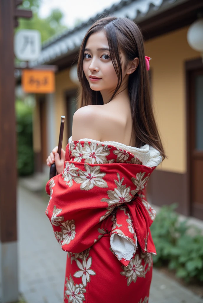 masterpiece, Highest quality,16K, Ultra-high resolution,The light and shadow of reality,Cinema Lenses,((Her waist is so slim and beautiful)),((High nose、Small Mouth)),((Clean and slim face line)),((Big dark eyes with long eyelashes)),((Very small face))((Very slim and beautiful arms)),((She is very thin and has a great figure)),((Pure white beautiful skin)),((Cute Japanese Girls)),(((Wearing a bright red kimono、yukata))),((Walking the streets of Tokyo)),(Beautiful Eyes:1.1),Reflecting clear eyes and a gentle smile,