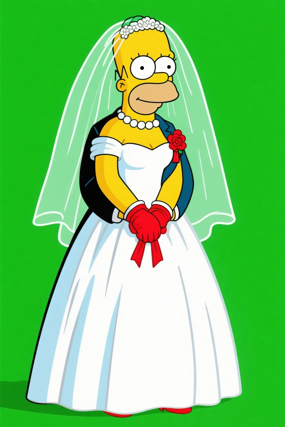 Marge Simpson with huge breasts in a lace micro bra and wedding dress with veil and bouquet in a park in Springfield