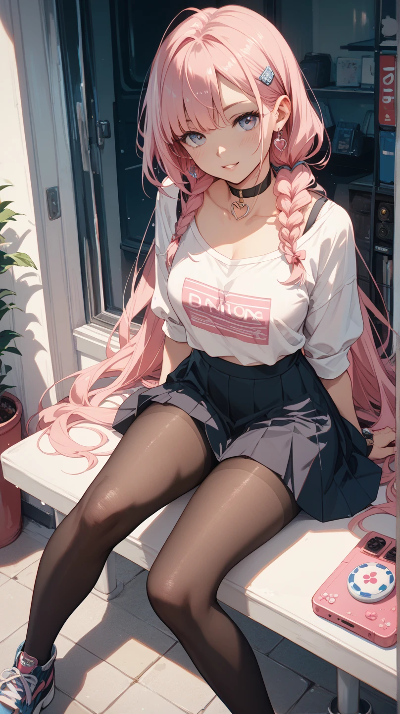 best quality, masterpiece, ultra high res,(photo realistic:1.1),professional lighting, physically-based rendering,
(1girl ), (beautiful college girl),
(long hair),(pink hair:1.31),(disheveled hair),hair down,bangs,(serafuku,school uniform:1.31),white shirt,((black underwear))
(thin figure:1.51),(medium breasts:1.31),navel,pubis,(skinny:1.51), (slim legs:1.51), thigh gap,(Sit cross legged),
NSFW,looking at viewer,(wearing black fishnet stockings), (curvy:1.3), choker,((bus stop)),
(finely detailed beautiful eyes: 1.2),beautiful detailed nose,
day, school, Bright face with light on the front