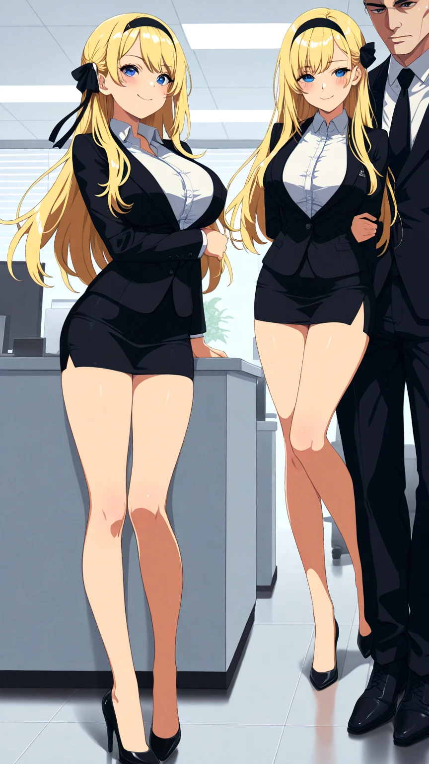 masterpiece, best quality, long hair, medium breast, cleavage, navel, slim legs, morgan fate blonde hair, soldier outfit, happy, short skirt, mature women, standing, office