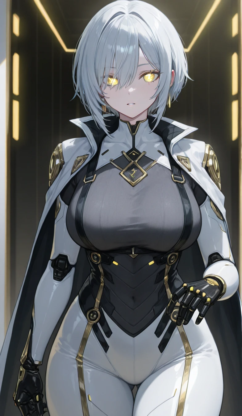 1girl, solo, leaning on white marble wall, sexy face, sexy, cute face, bangs, long hair, look away, shy, nose blush, concept art, freckles, lay light on the wall, passionate, medium breast, fit body, long waist, (thigh gap), wide shoulder, short hair, white hair, hair over one eye, open blue coat, brown gloves, black pants, earrings, seductive, enchanting, (biting lip), erotic