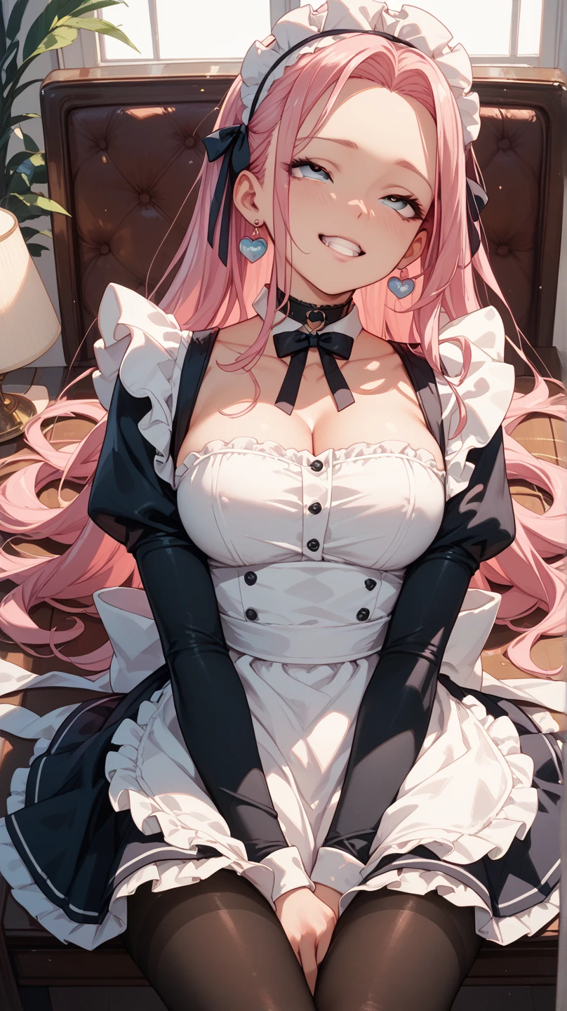 nsfw:1.1,Masterpiece:1.3,Detailed and beautiful depiction 1.3,Official Art,Beautiful adult woman ,Megurine Luka,Pink long hair,blue eyes,Large Breasts,Erotic smile temptation,Maid clothes,Cowgirl insertion sex,Penis in vagina,Shaking breasts,sit,I'm panting,bedroom