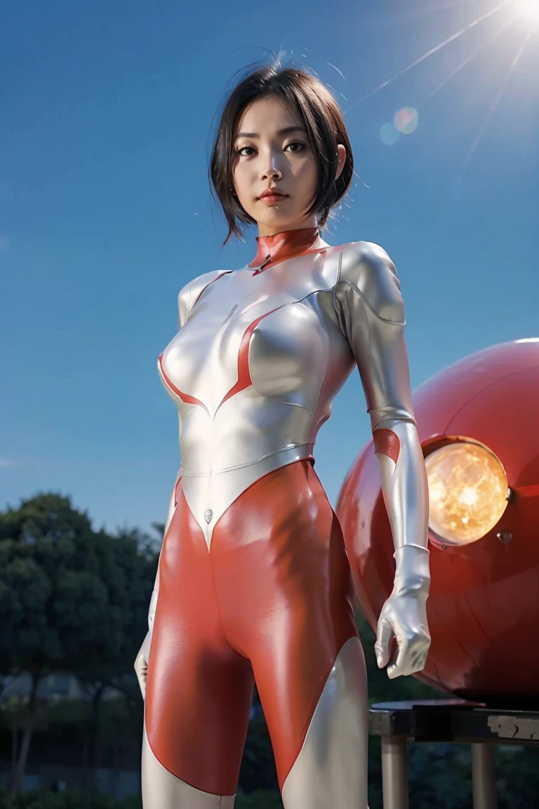 (((blue sky with cloud in background))), Ultraman、realistic、realistic、cinematic lighting, Girl in a shiny red and silver suit、18 years old、professional photo, Japanese model, Japanese cgi、Ultraman Suit、tight and thin cyber suit, Whole body rubbery delicate body, big breasts、small ass、thin thighs、thin arms、thin waist、、Both sides of the cyber suit stick to the skin、Big eyes、facing the front、facing the front、A glowing sphere is embedded in the chest.