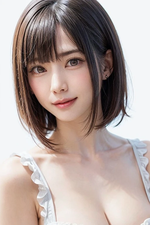 ((masterpiece, Highest quality, High resolution、Realisticですべてが美しく詳細に描かれている)), 1 girl, (Realistic: 1.4), alone, White Background, snow-White Background, Mouth closed, smile, smile, Beautiful black hair, short hair, Big eyes, Transparent double eyelids, eyelash, Listen carefully, Long neck, 美しくLong neck, Absolute area, ((Face close-up)), (Draw the whole head, shoulder), 19 years old, Attractive proportions, Glowing Skin, Beautiful clavicle, Golden ratio face, Perfect Face, Teardrop-shaped mole, chestのほくろ, bangs, clean bangs, beautiful bangs, Lip gloss, Thin lips, Fair skin, naked, Big Breasts, {Huge|big|Hugeな|Mega} chest:2, chestの谷間:2,chestの谷間を見せる、Small face, Small face, All the heads are painted, shoulder all drawn, Point slightly above the camera