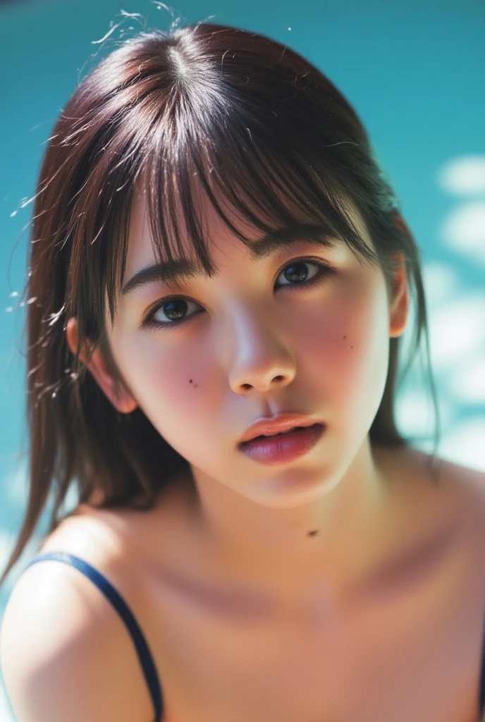 ((((masterpiece, best quality, high resolution)))), Extremely detailed 8K, Beautiful girl with voluptuous body, (Ultra HD, Ultra-detailed, Highly detailed, Highly realistic, Ultra-realistic, photograph realistic), (1girl:1.5), (Realistic white hair), short wavy hair, bob cut, (dynamic poses), facing at camera, light smile, purple eyes, average breasts, (beautiful detailed face, beautiful detailed eyes), (white tank top, thin material), cleavage, dark jean shorts, glow, sweat, (sunbeam, sunlight)