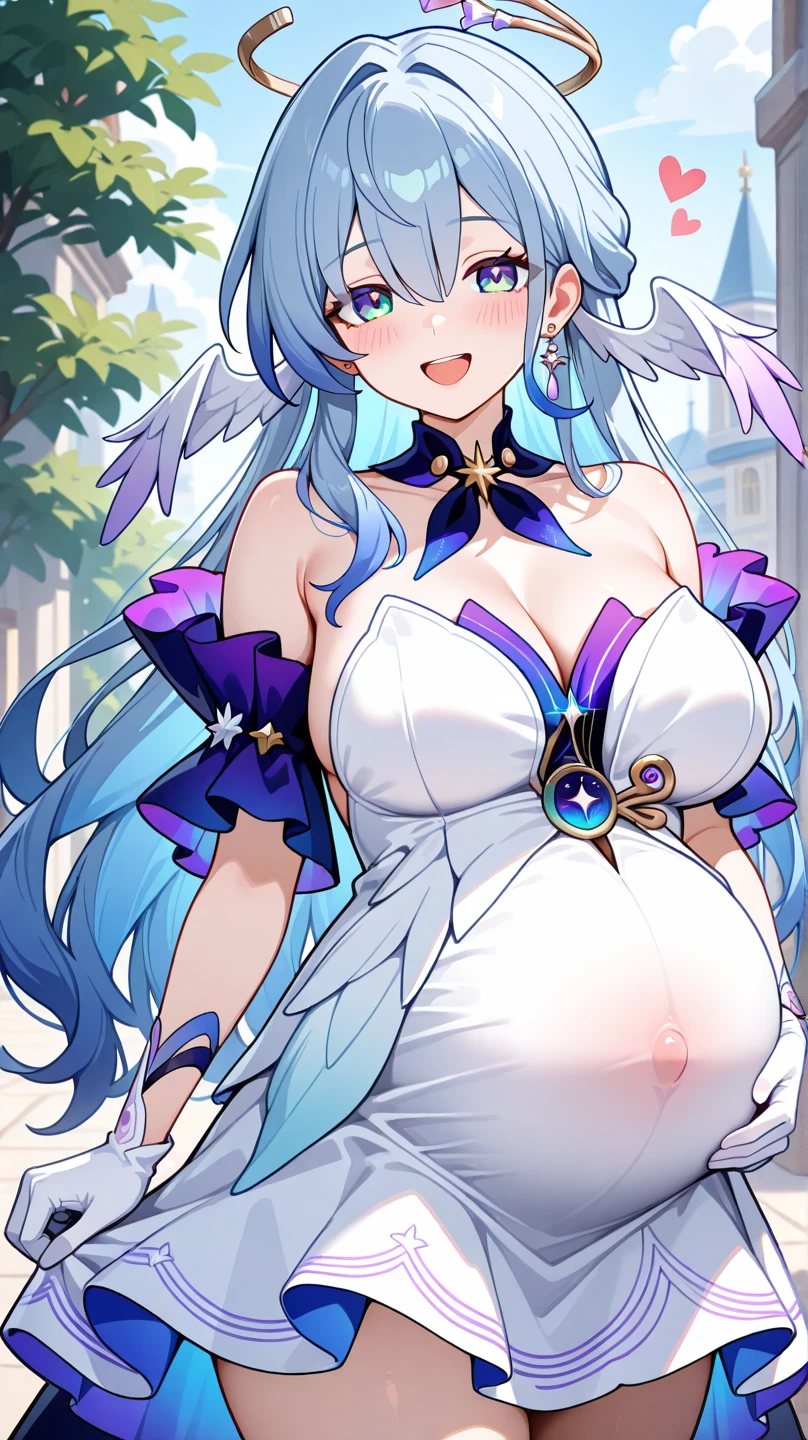Pregnant woman with dark blue hair, butterfly wings, galaxy rainbow, leotard