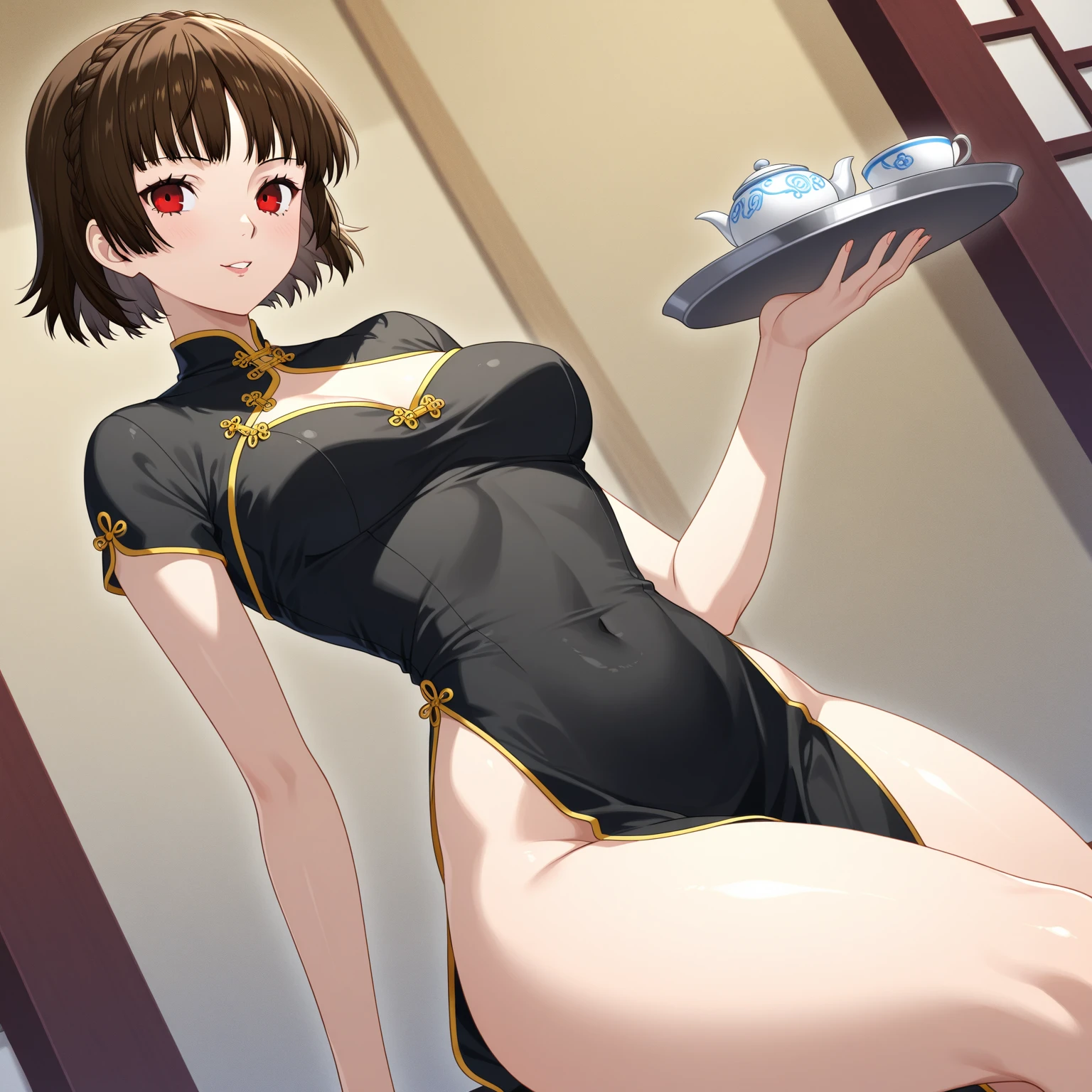 young girl, short brown hair in two buns, gray eyes, Smile, gray tight Chinese dress, Gold patterns, Sleeveless, Shorts, pantyhouse, large breasts, Needle control, Masterpiece, hiquality, 4k, HD, Good detail