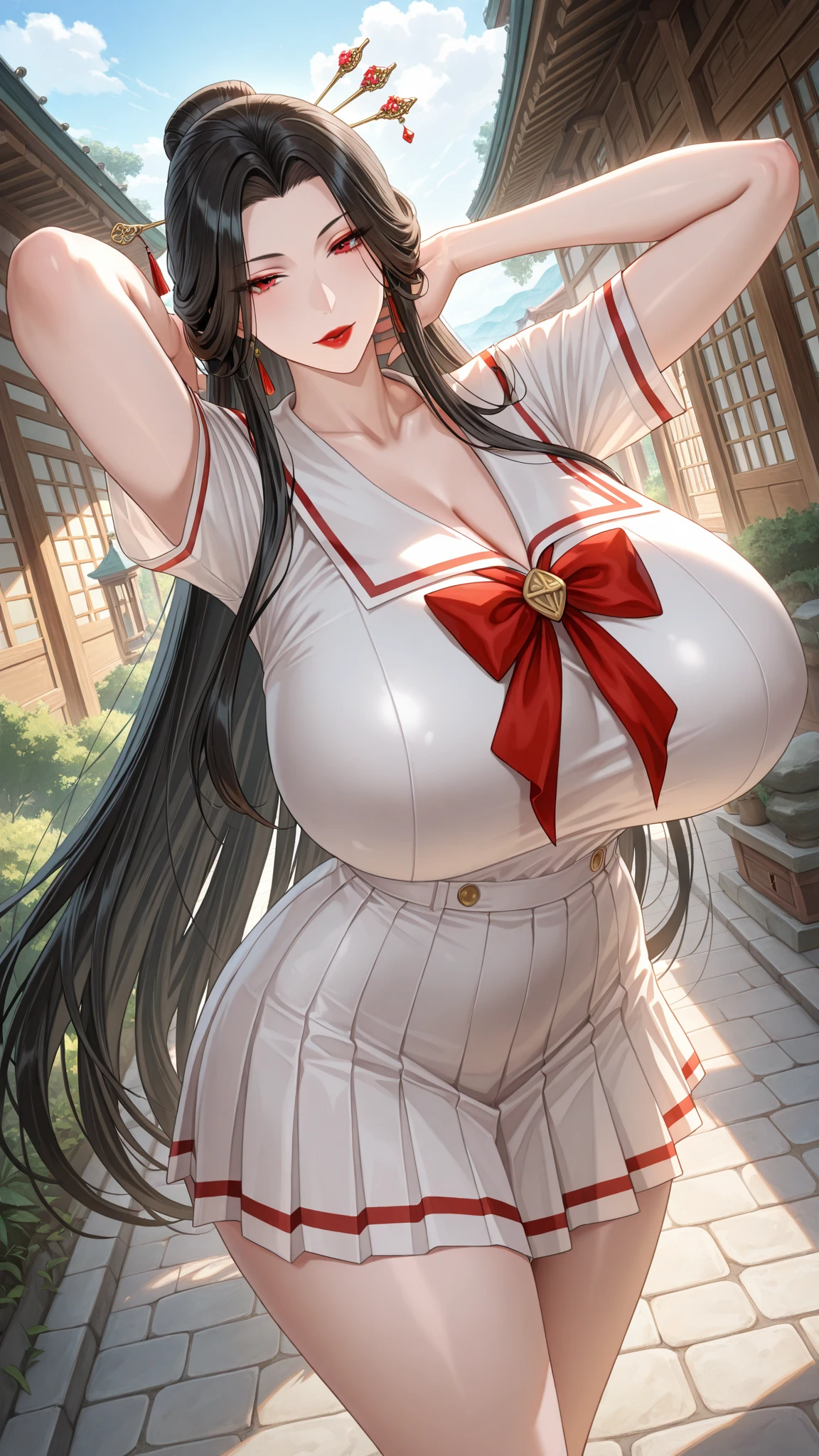 (((masterpiece))), (((best quality))), ((Super Detail)) , (An extremely delicate and beautiful lady: 1.4),(1 Girl),Riña_\(Tower of Fantasy\),White skin,(((Full set of clothes,Hips:1.1 Army, (White__uniform:1.3), green_Wrinkles_skirt, tie, Red_tie, shirt, , White stockings,))),green eyes, multicoloRed hair, (((Lips, parted Lips, cosmetics))),White teeth, A faint smile, indoors, perfect face,(Huge breasts:1.4), Thick thighs, cleveage, Curvy beauty, indoors, Hyper-realistic 8K CG, picture-perfect face, Flawless, Clean, masterpiece, Professional artwork, Famous Artworks, Movie Lighting, movie bloom, perfect face, Pretty Face, beautiful eyes, Soft hair, Long hair, Detailed breasts ,high thighs, (Huge thighs:1.4), Perfect body shape ,Cleavage,Cleavage