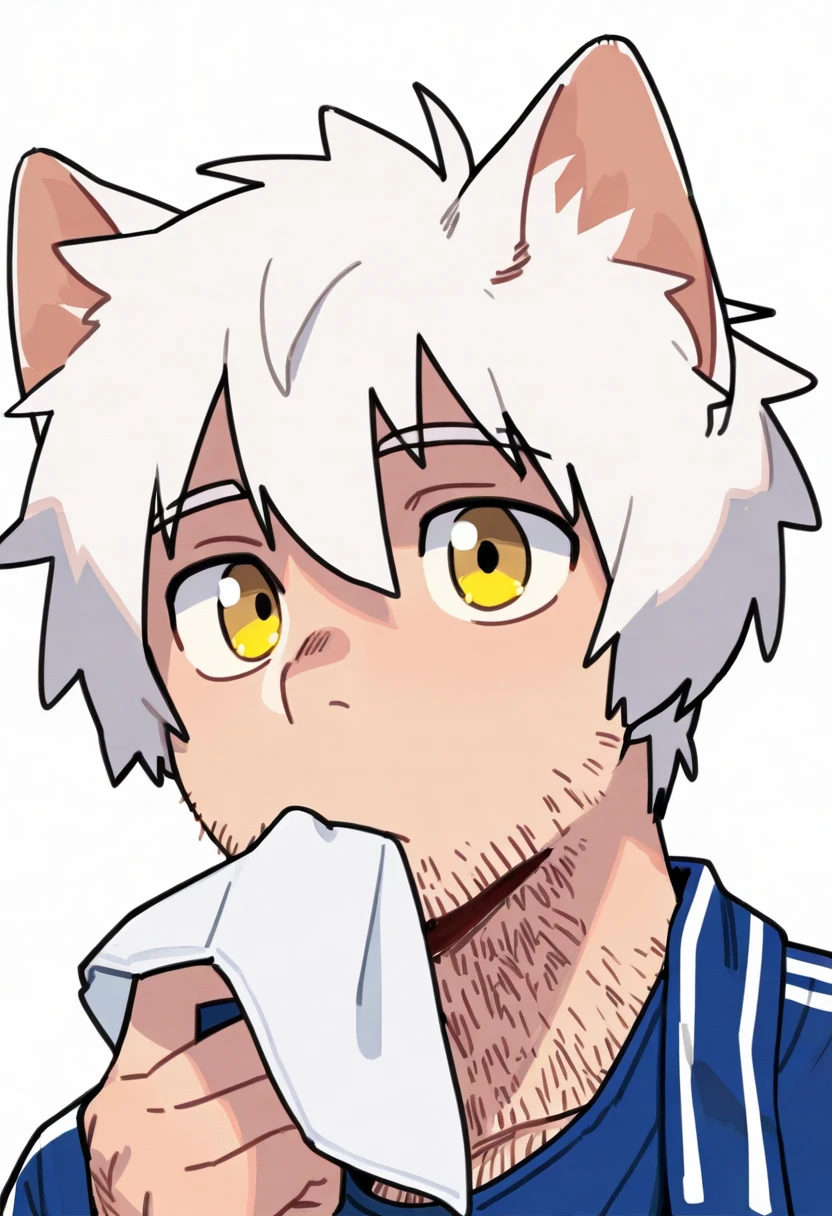 napkin, a boy, Alone, male focus, portrait, upper body, Jersey, white background, 
 hairy male , animal ears, Cat boy, white hair, one-tone skin, yellow eyes, white hair, white hair short hair, 
masterpiece, best quality,  dignity,  sky blue