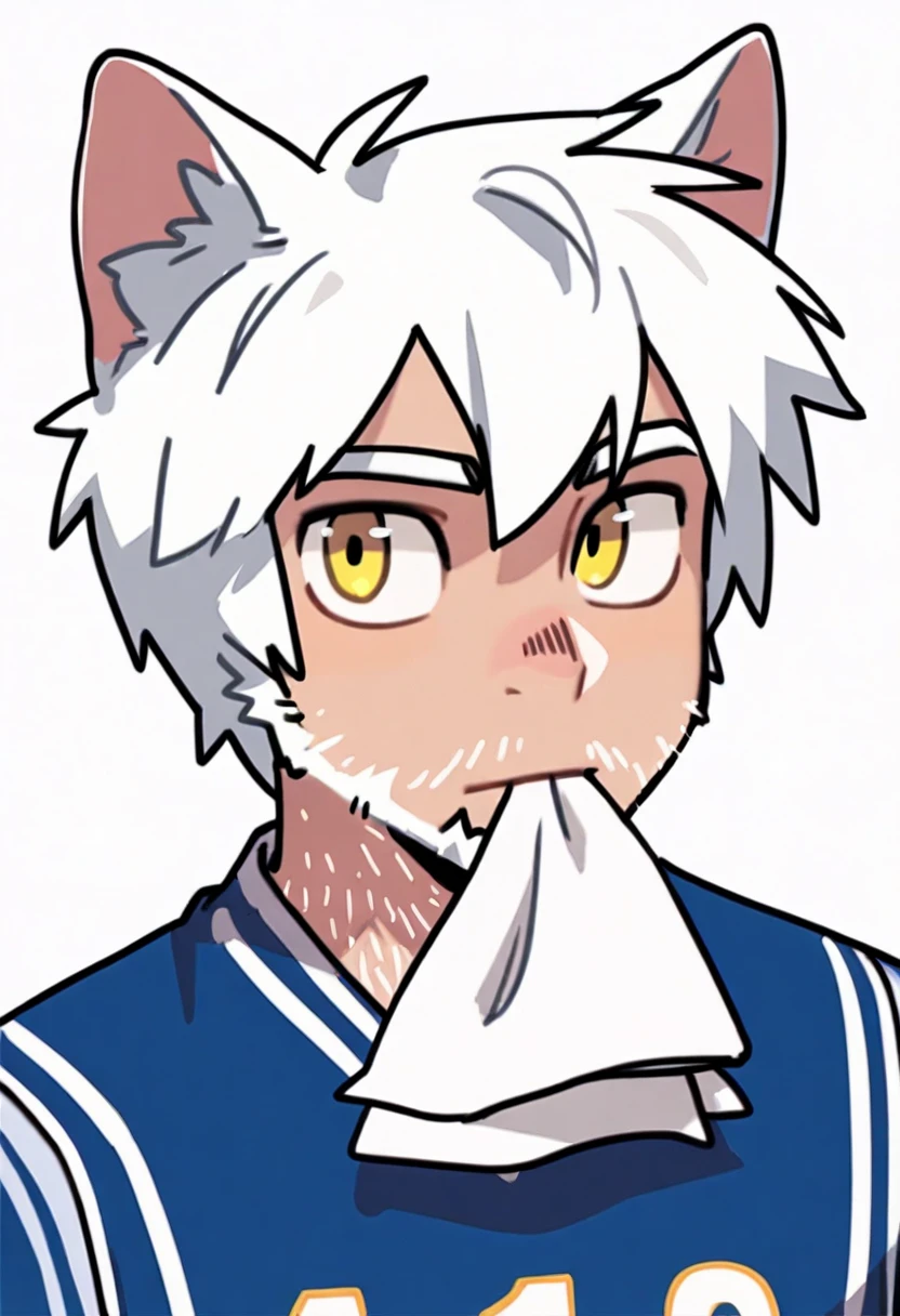napkin, a boy, Alone, male focus, portrait, upper body, Jersey, white background, 
 hairy male , animal ears, Cat boy, white hair, one-tone skin, yellow eyes, white hair, white hair short hair, 
masterpiece, best quality,  dignity,  sky blue