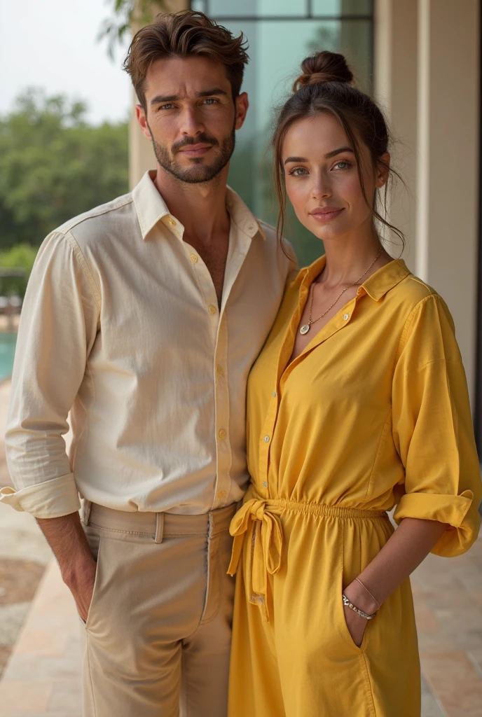 ((best quality)), ((masterpiece)), (detailed), couple, sitting, cuddling, dining at a restaurant in Italy, 1woman, very long blonde hair, cocktail dress, 1man, tall, muscular, handsome, dark short hair, in Italy, wearing white shirt, white pants, summer time
