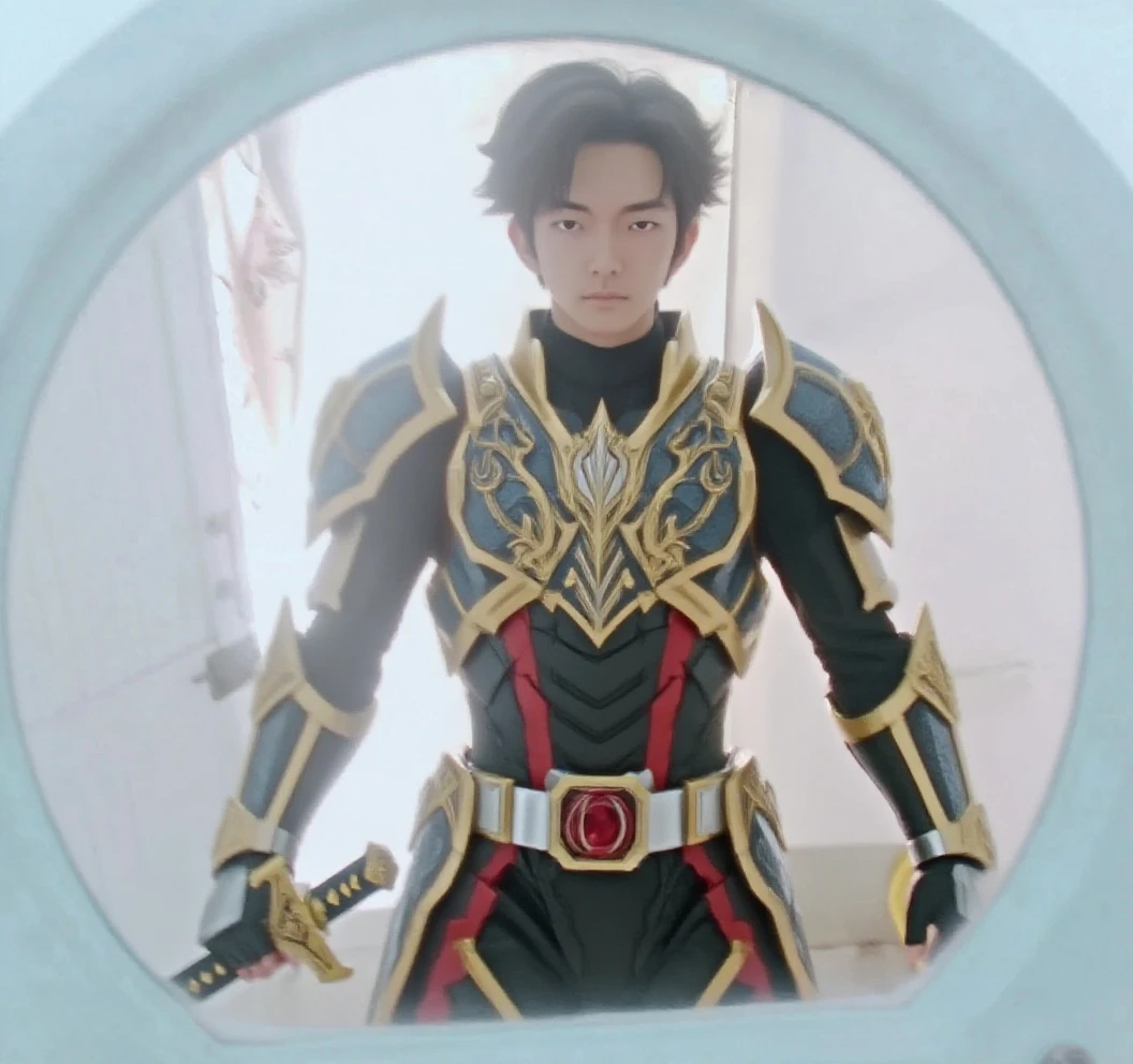 Shota with an imposing presence. His half-naked armor, forged from obsidian and gold, clings to his sinewy frame. Red gemstones blaze like malevolent eyes across his chestplate. A circlet rests upon his brow, marking him as both ruler and tyrant. His cape, crimson as spilled blood, billows behind him—a dark banner of conquest.
