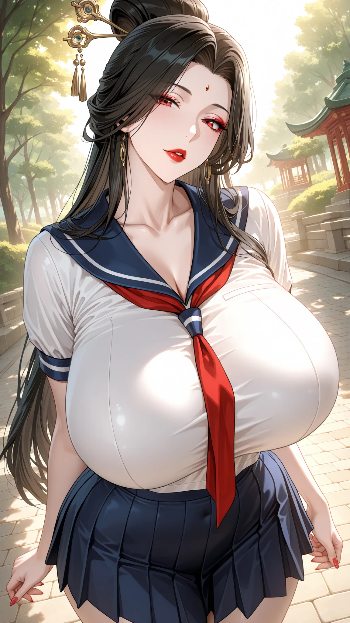Erotic Anime Illustration、Highest quality、A voluptuous and lewd geisha who flirts with men、Hakama、Village deep in the mountains、Perfect proportions、Overwhelmingly large breasts、Fatty Thick Legs、Large areola、Beautiful shining eyes、Cowboy Shot、Be in heat、smile、Shaved、Exposed nipples、Detailed depiction of the vagina、Exposing Vagina、Leg spread、intense sweating、Intense sex with a strong man
