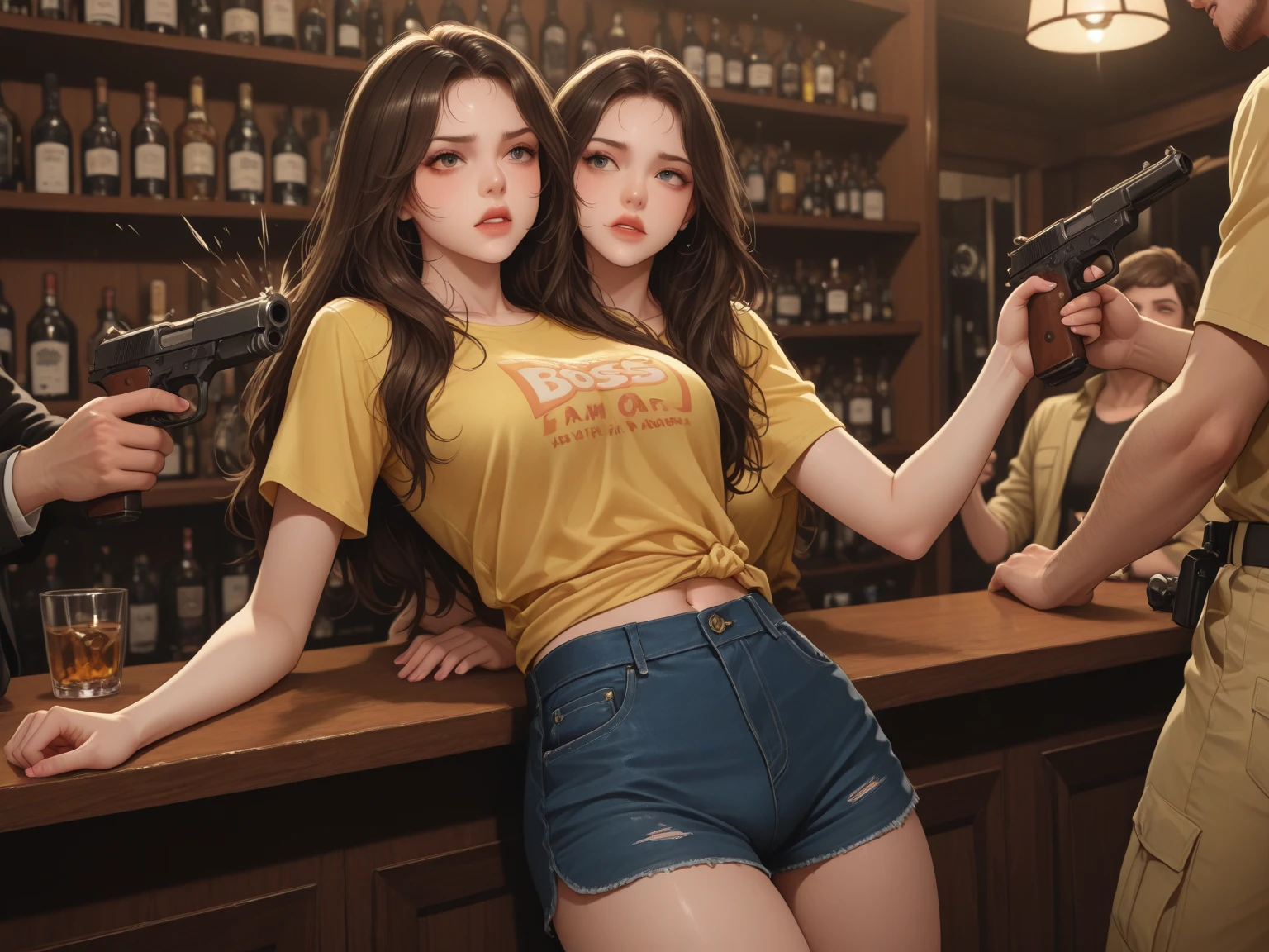 Short Haired Female Cowboy in a Saloon in the Old West,Blonde,Sitting,Smoking Pipe,Table Wisky,Piano,6 Bullet Revolver,Barrel,Table,Playing Cards,Dust,Artwork,3D,4K,Detailed,Realistic, (two heads)