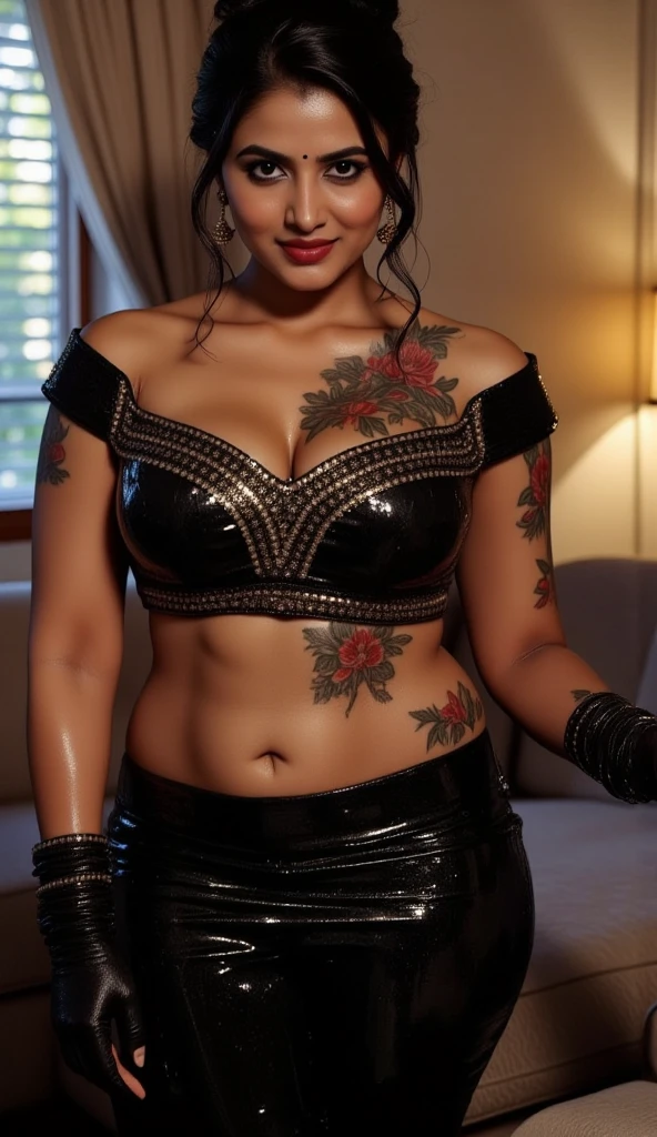 Realistic, High resolution, 1 Female, Mature Woman, alone, Hip Up, View the viewer, (Detailed face), tattoo, Samira \(League of Legends\), Eye patch, Earrings, Green Eyes, Braiding, Long Hair, Dark Skin, gloves, armor, belly button, bracelet, lips, Mole, Mole above mouth, Sunburn