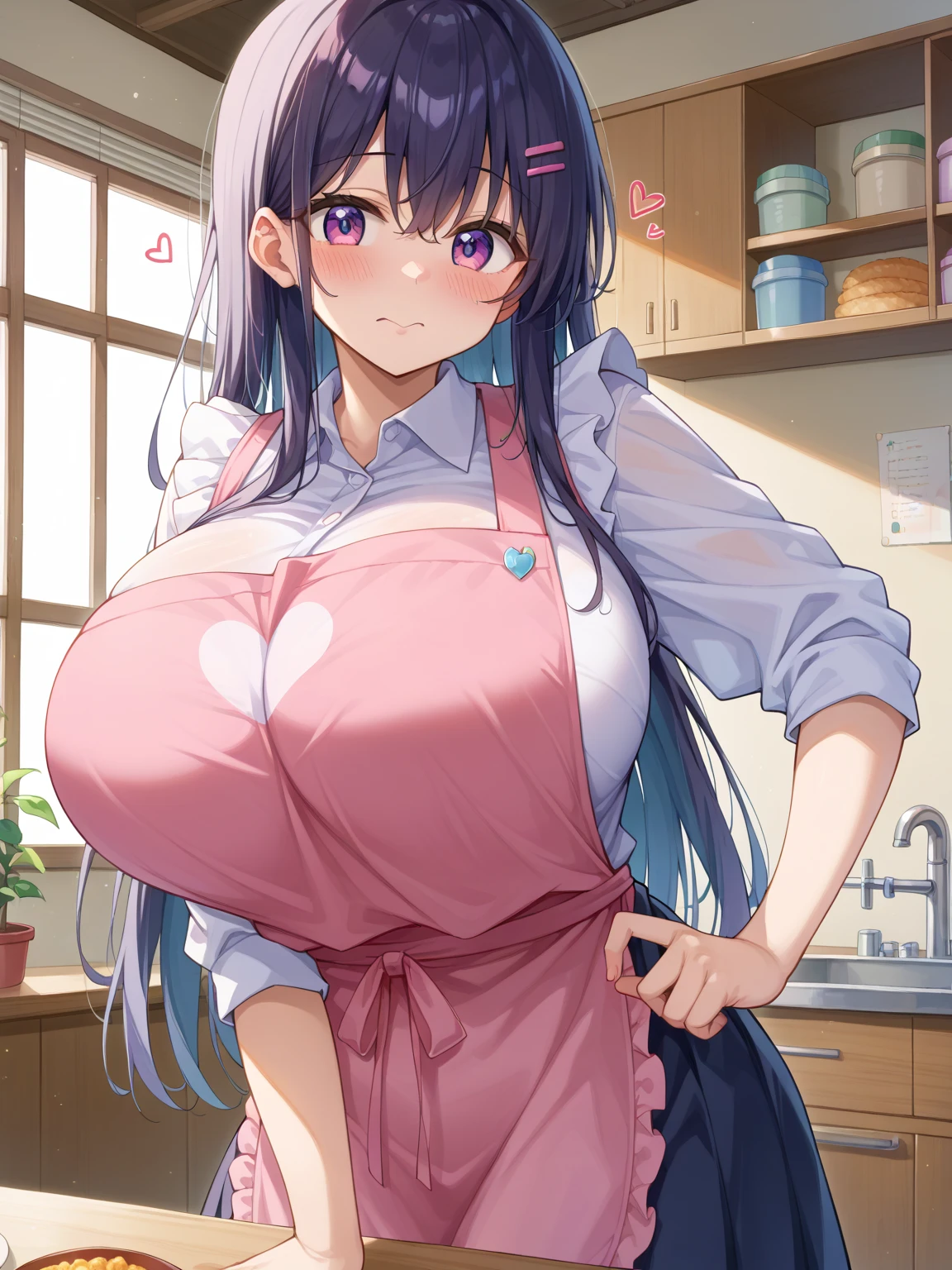 (masterpiece), best quality, expressive eyes, perfect face, detailed anatomy, perfect body, detailed hands, five fingers, Hinata, smile, lips, nose blush, shiny skin, huge breasts, white apron, wearing kitchen_apron, wearing nude_kitchen_apron, hinata, MILF, BIG BREAST, BLUSH, Fellation, Cum on face, ahegao, 1 girl
