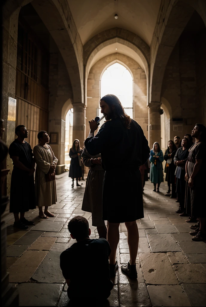 view from back of naked woman squatting and observing crowded church