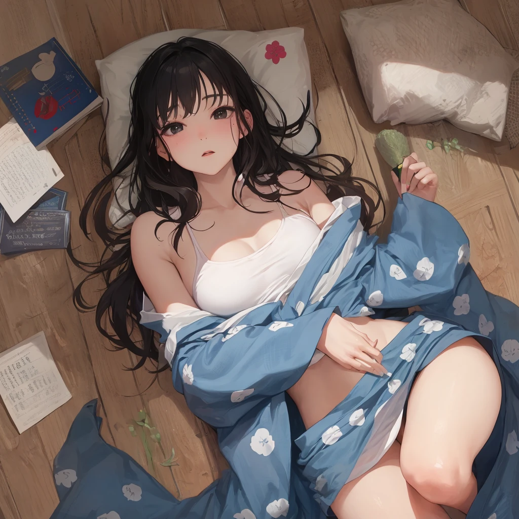 table top, highest quality, Highly detailed CG Unity 8K wallpaper, sexy witch , long dark blonde wavy hair、off shoulder knit, dark blue pleated skirt, Dark Blue Hat、medium sized breasts, soft chest , blush, shy smile, bare shoulders, (white pink floral panties、、Bra with pink floral pattern on a white background、show panties)、(((open your legs wide、Open both knees)))high heels、nice magic book、Room with castle view、、((lying in bed))、